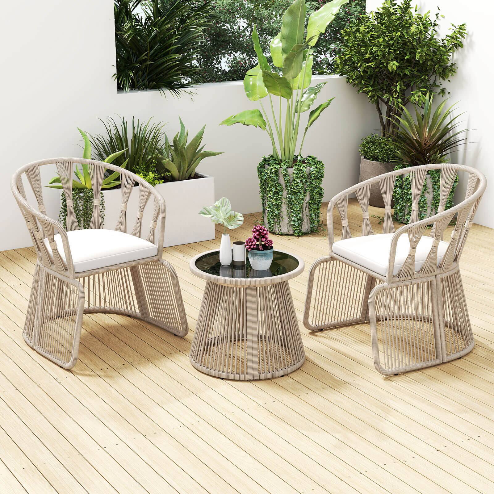Alt View 1. Costway - Costway 3 PCS Patio Leisure Chair Set Rope-Woven Armchairs & Table Set with  Cushions - Off-White.