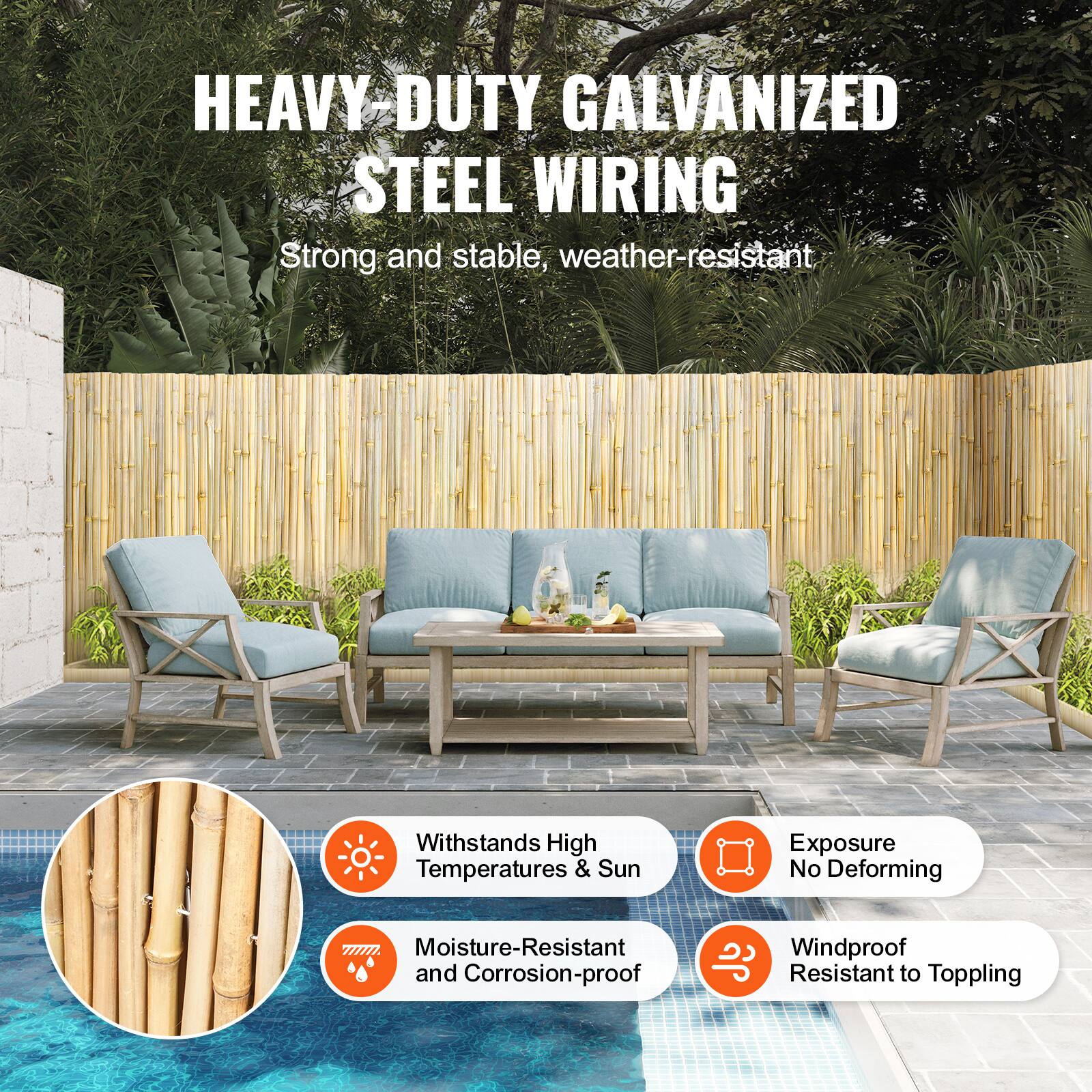 HEAVY DUTY GALVANIZED STEEL WIRING  
Strong and stable, weather-resistant  

- Withstands High Temperatures & Sun  
- Exposure No Deforming  
- Moisture-Resistant and Corrosion-proof  
- Windproof Resistant to Toppling