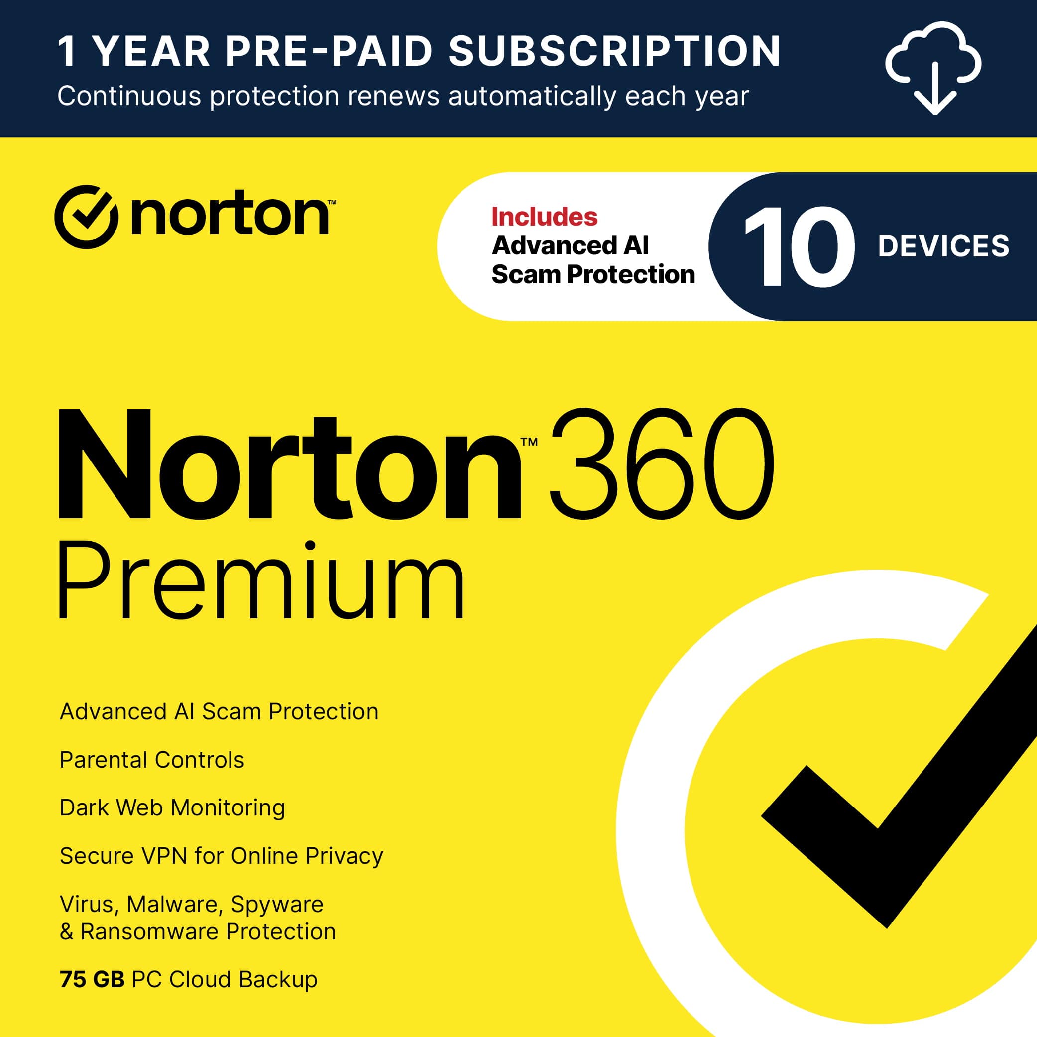Norton 360 Premium Advanced AI Scam Protection includes a 1-year pre-paid subscription that automatically renews each year. This subscription offers protection for 10 devices, including advanced AI scam protection, parental controls, dark web monitoring, secure VPN for online privacy, virus, malware, spyware, and ransomware protection, and 75 GB PC cloud backup.