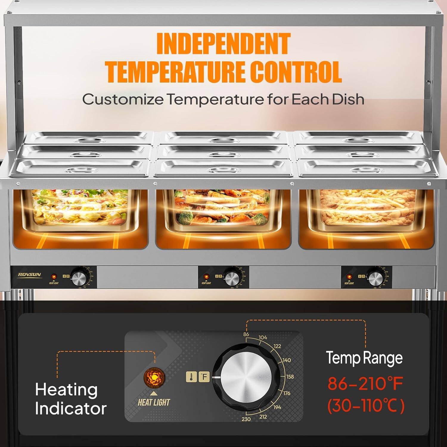 INDEPENDENT TEMPERATURE CONTROL  
Customize Temperature for Each Dish  

HEATING INDICATOR  
HEAT LIGHT  

Temp Range: 86-210°F (30-110°C)