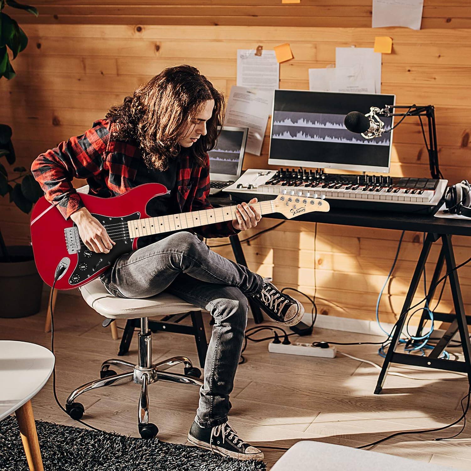 Back. Winado - 39 Inch Full Size Electric Guitar for Music Lover Beginner with 20W Amp and Accessories Pack Guitar Bag.