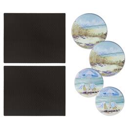 Range Kleen - 6-Piece 2-pack 14 x 17-inch Black Matte Counter Mats and 4-pk Seaside Retreat Burner Covers