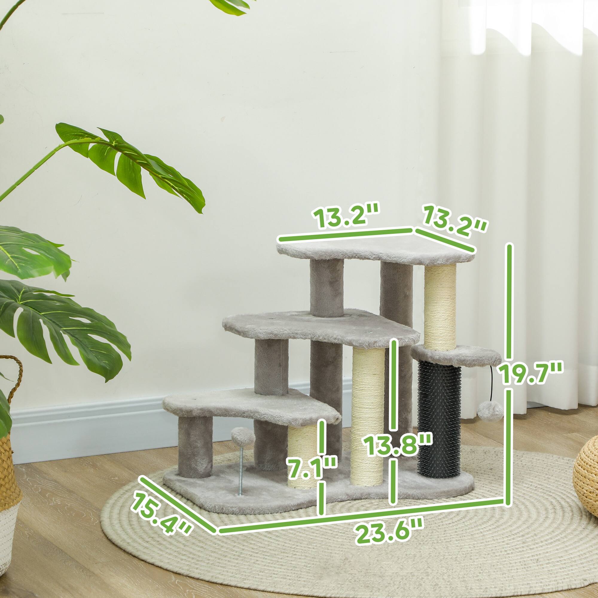 Left. Pawhut - 20" Pet Stairs for Cats, 2 in 1 3-Step Cat Tree Tower with Scratching Posts, Tickling Post, Toy Balls, for High Beds - Light Gray.