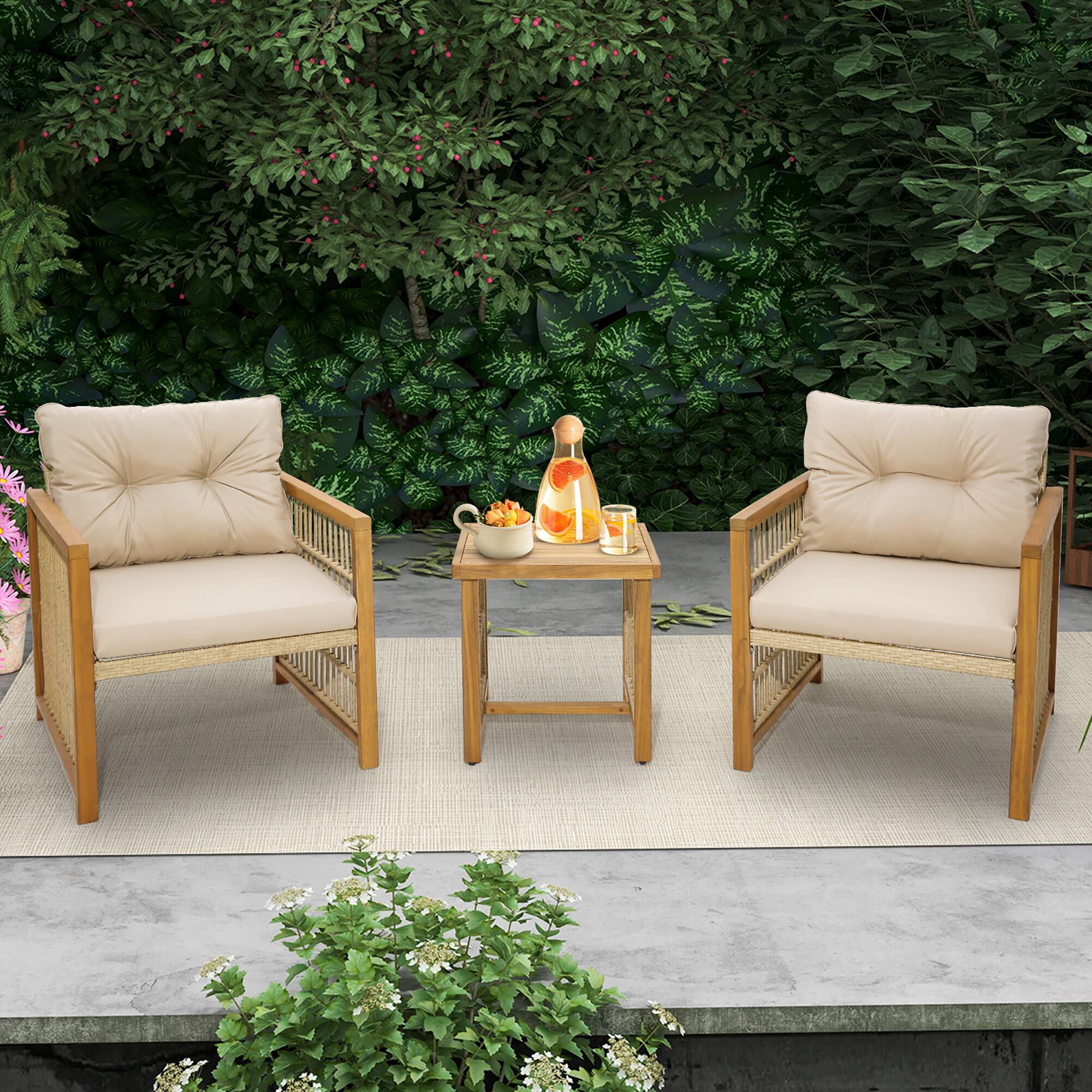 Alt View 9. Gymax - Gymax 3PCS Patio Acacia Wood PE Wicker Furniture Set w/ Soft Seat & Back Cushions - Beige.