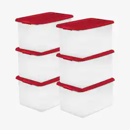 Sterilite - 64 Qt. Clear Plastic Latching Lid Storage Bin Container Tote, 6 Pack - Red