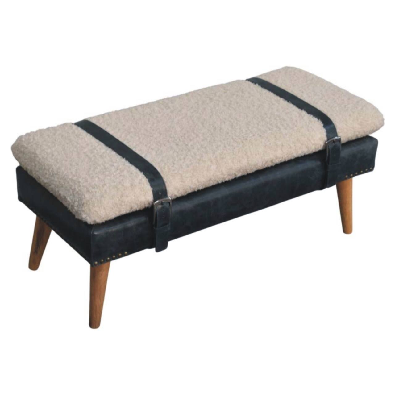 Alt View 1. Artisan Furniture - Artisan Furniture Solid Wood Boucle x Black Leather Bench, Upholstered, Black and White - Black and White.