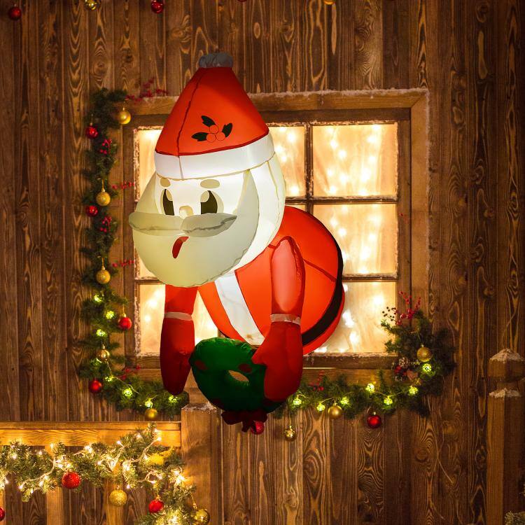 Alt View 1. PULUZ - 3.4 feet Inflatable Santa Claus Holding Wreath w/ LED Lights, Blow-Up Outdoor Hanging Display for Garden Party - Red.
