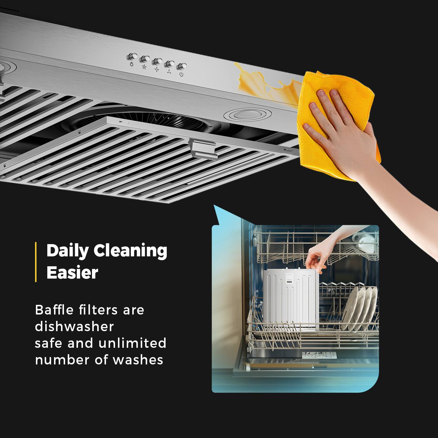 Daily Cleaning Easier
Baffle filters are dishwasher safe and unlimited number of washes