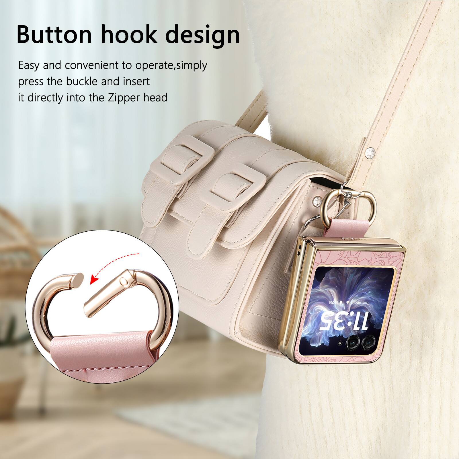 Button hook design  
Easy and convenient to operate, simply press the buckle and insert it directly into the Zipper head