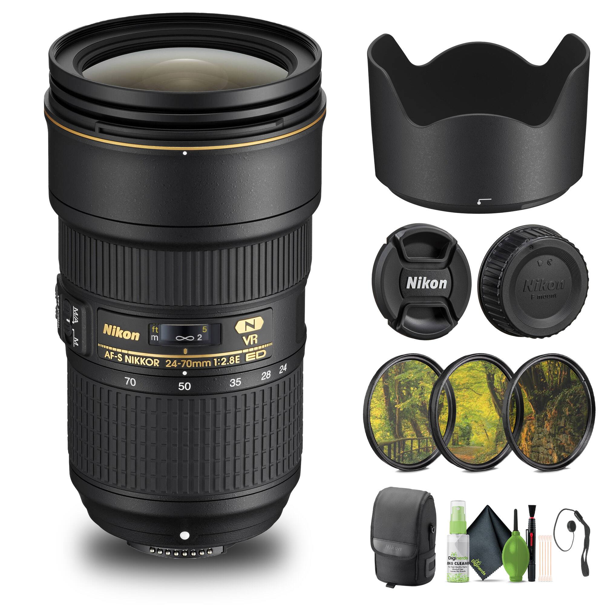 Nikon AF-S NIKKOR 24-70mm 1:2.8E ED VR  
24 28 35 50 70  

Nikon  
Nikon  
Nikon  

Lens Hood  
Lens Cap  
UV Filters  
Cleaning Kit  
Case