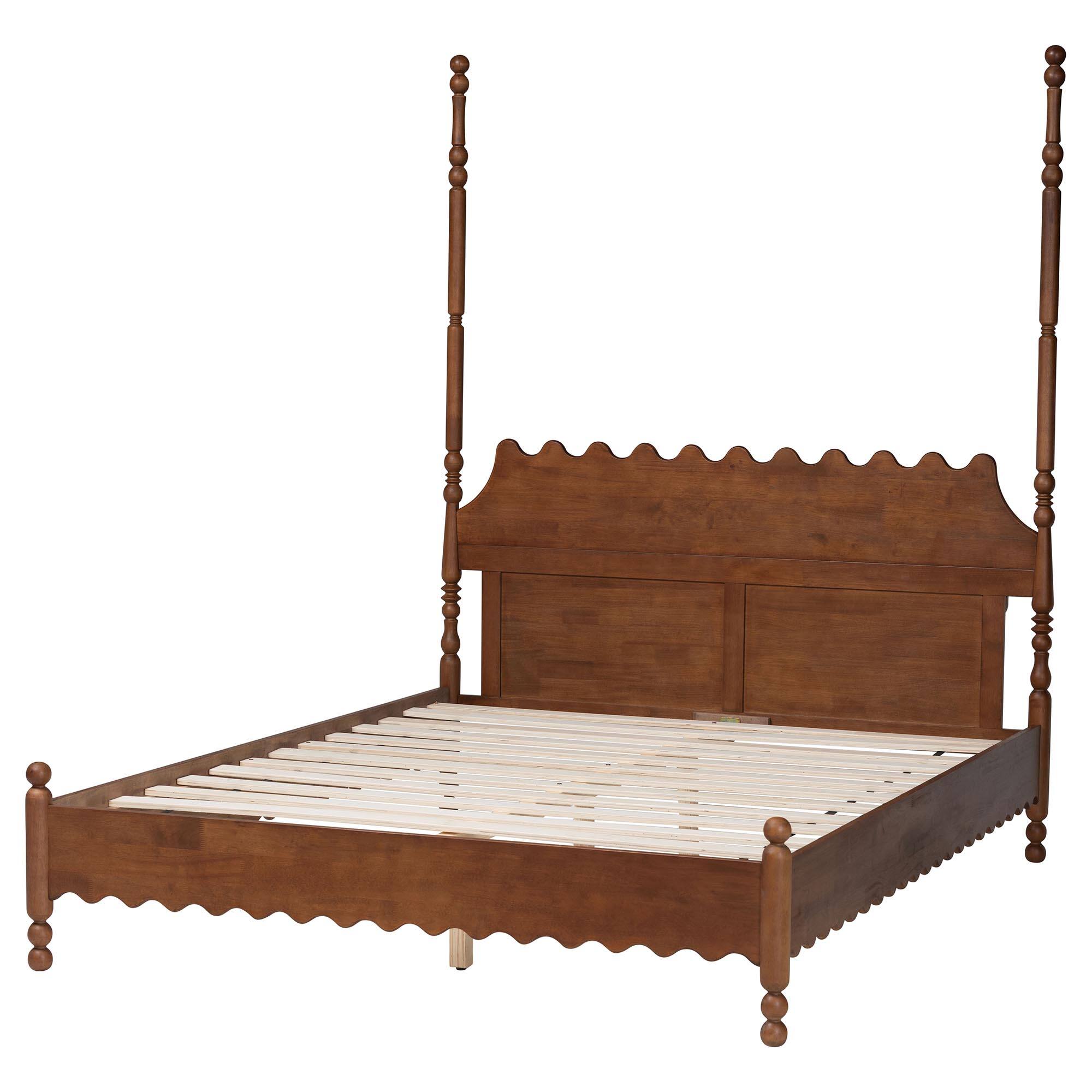 Left. Baxton Studio - Hoffman Platform Bed - Farmhouse Bed Frame with Scalloped Design and Turned Posts, Queen - Walnut Brown.