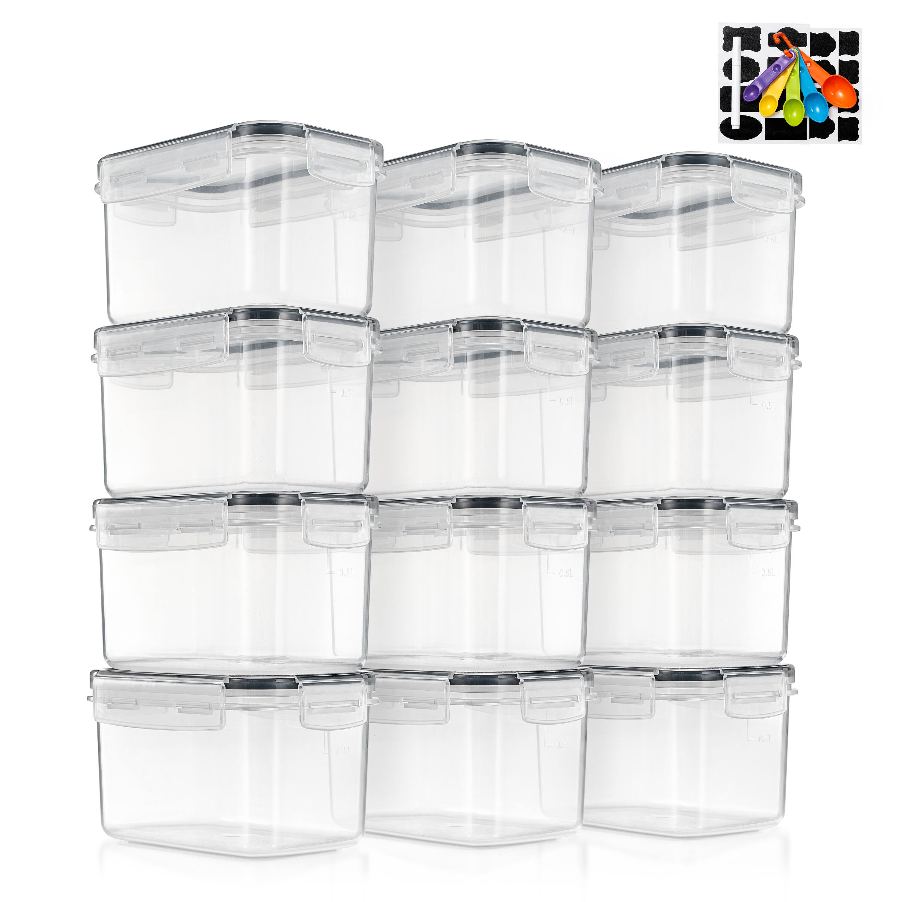 A set of 10 clear plastic storage boxes with lids, each marked with "0.5L" and "1.8L" capacity indicators.