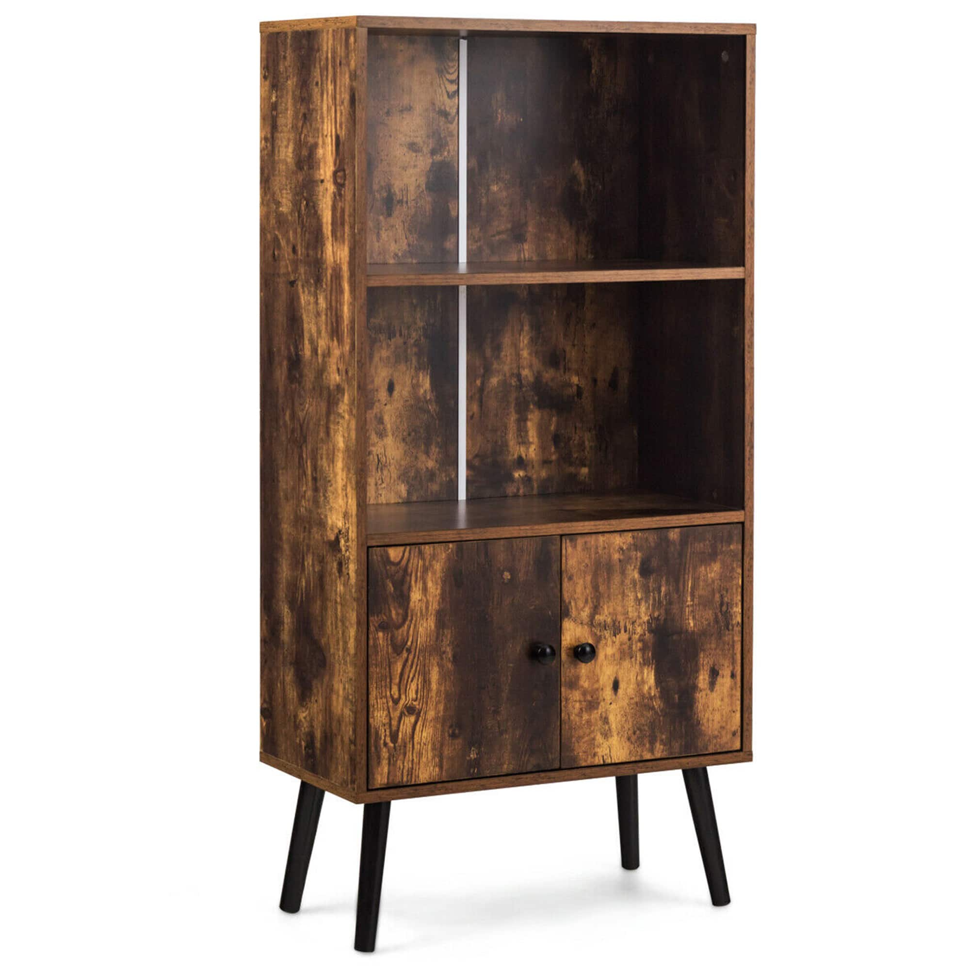 Gymax - 2-Tier Retro Bookcase Bookshelf w/3 Compartment&2 Doors Industrial Cabinet - as pic
