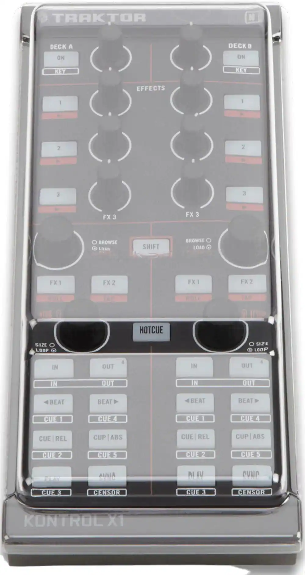 TRAKTOR

DECK A
ON
PLAY

DECK B
ON
PLAY

EFFECTS
1
2
3
FX 3

BROWSE LOAD
SHIFT
BROWSE LOAD

FX1
FX2
FX1
FX2

HOTCUE
SIZE
LOOP
IN
OUT

BEAT
CUE 1
CUE 4
CUE 2
CUE 5
CUE 3
CENSOR

CUE REL
CUP ABS
CUE REL
CUP ABS

ROLI
TAP
ROLL
TAP

KONTROLX1
