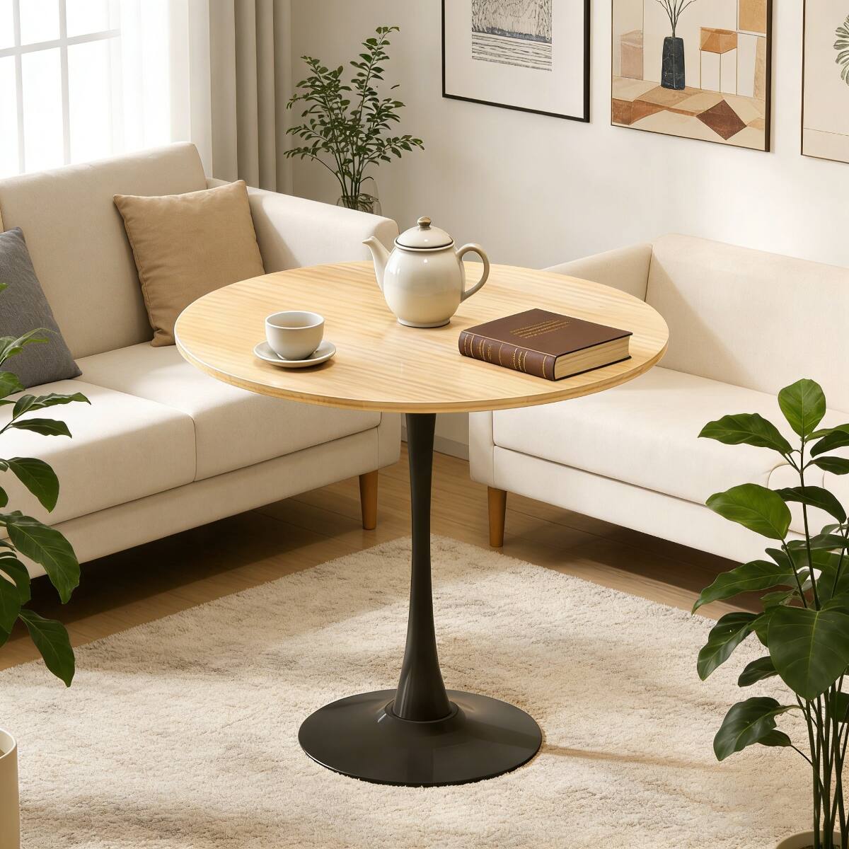 Loheer Round Dining Table, Wood Color MDF Top, Modern Kitchen Table ...