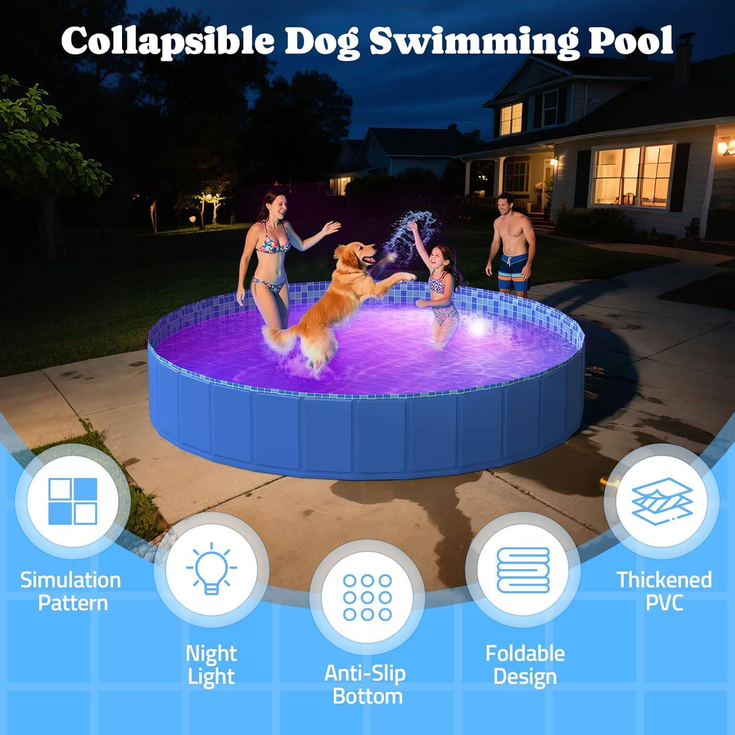 Collapsible Dog Swimming Pool

- Simulation Pattern
- Night Light
- Anti-Slip Bottom
- Foldable Design
- Thickened PVC