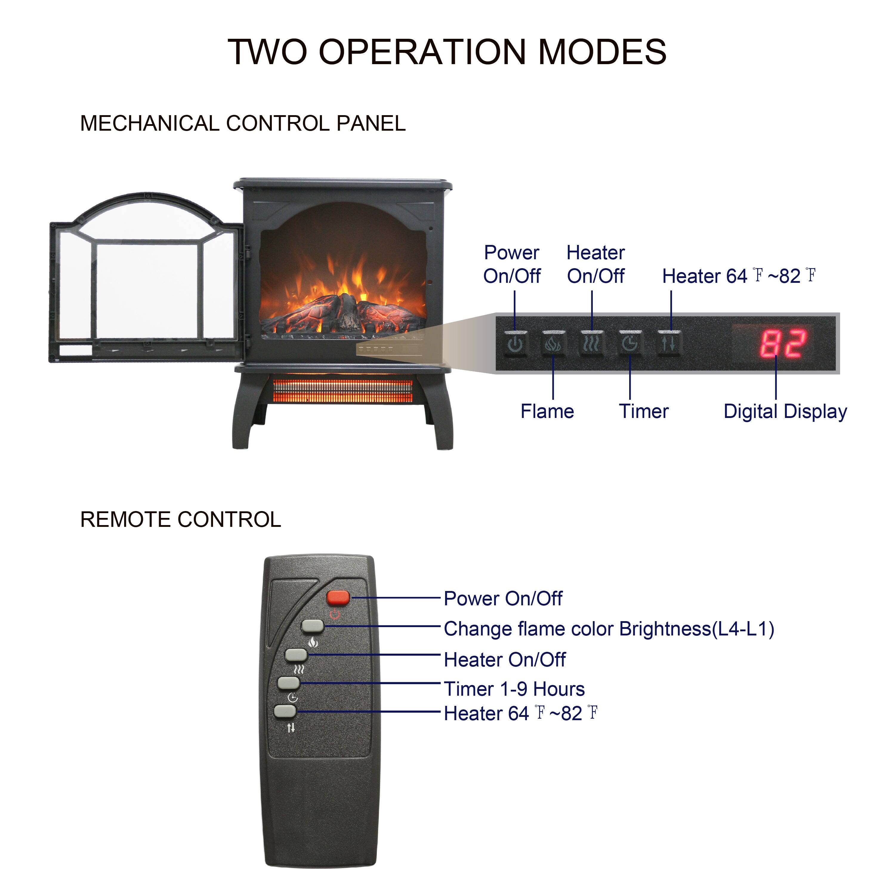 Two operation modes:

1. Mechanical control panel:
- Power heater on/off
- Flame timer
- Heater temperature range: 64°F ~ 82°F
- Change flame color
- Brightness (L4-L1)

2. Remote control:
- Power on/off
- Heater on/off
- Timer: 1-9 hours
- Heater temperature range: 64°F ~ 82°F