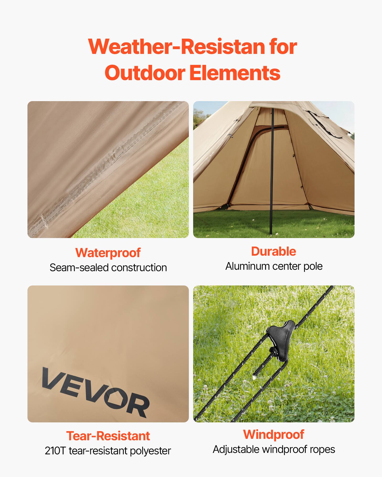 Weather-Resistant for Outdoor Elements

Waterproof  
Seam-sealed construction

Durable  
Aluminum center pole

Tear-Resistant  
210T tear-resistant polyester

Windproof  
Adjustable windproof ropes