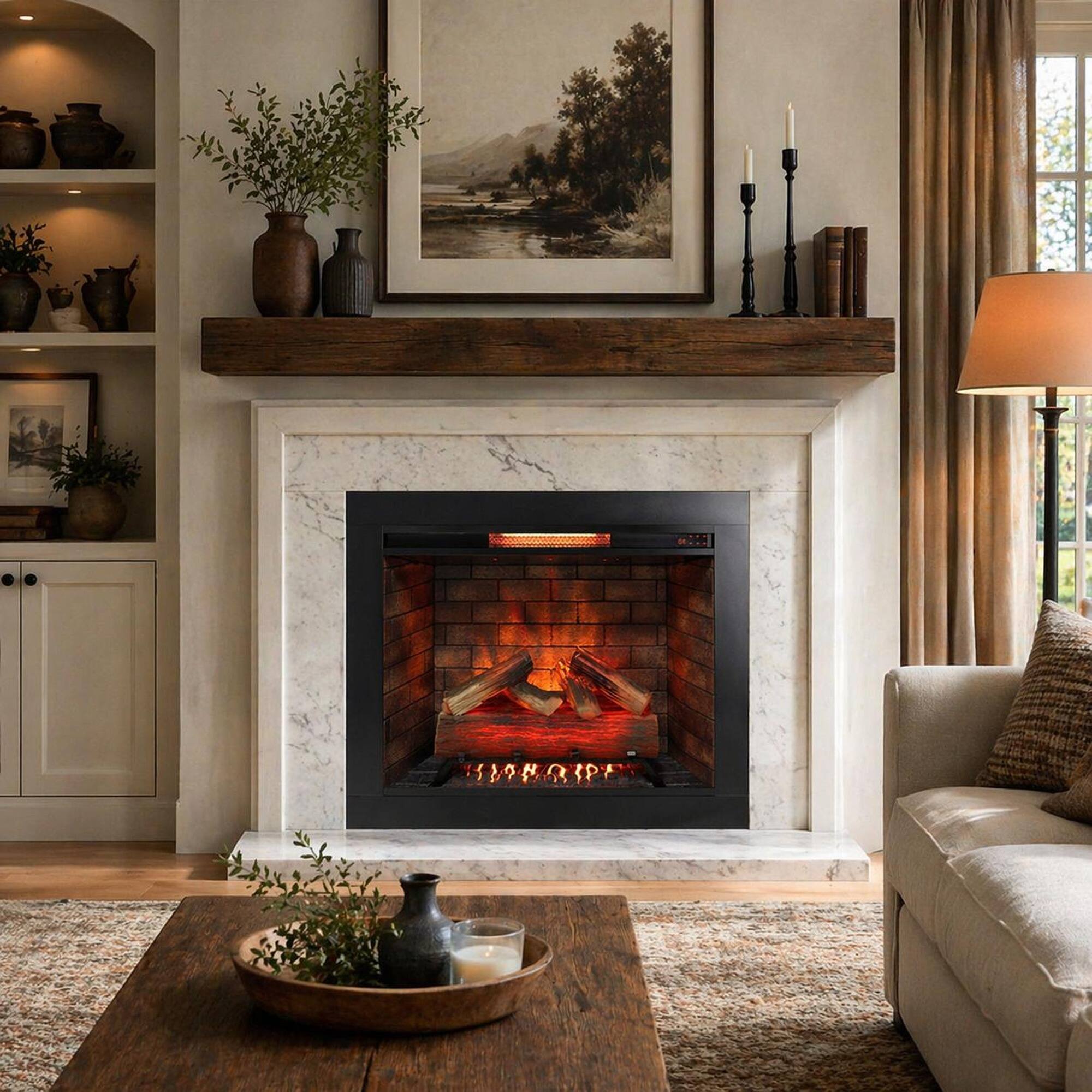 Angle. RYHNUYNE - 33 Inch Infrared Electric Fireplace Insert with 3D Flame Effect, Remote Control & Crackling Sound - Antique Black.