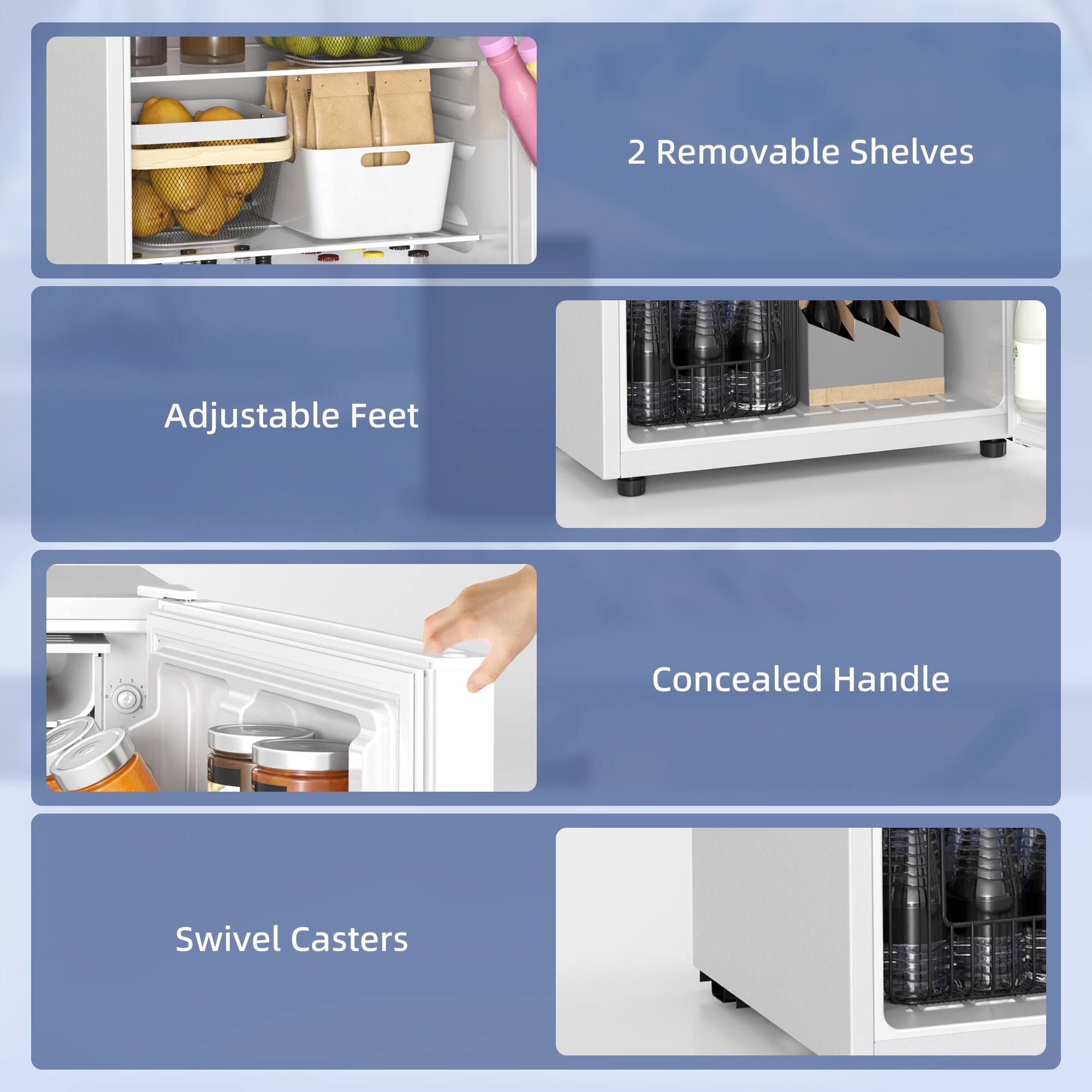 2 Removable Shelves, Adjustable Feet, Concealed Handle, Swivel Casters