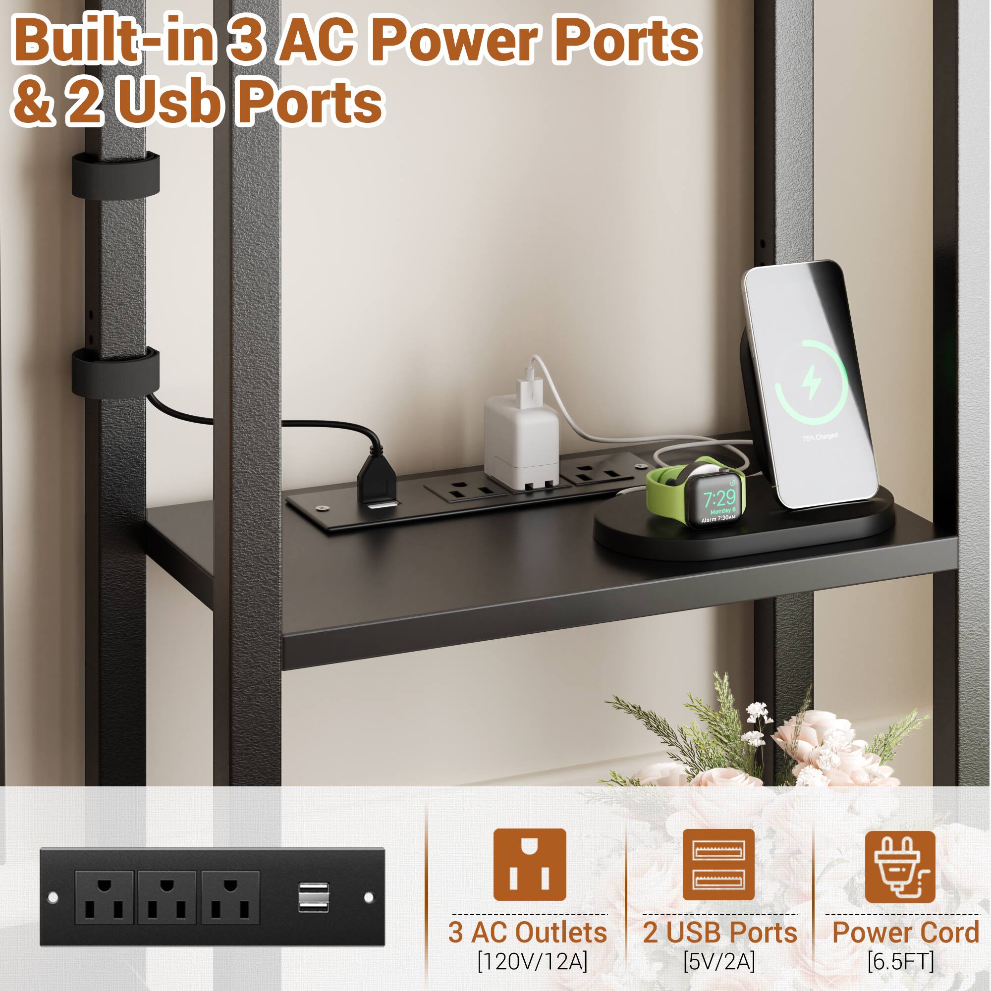 Built-in 3 AC Power Ports & 2 USB Ports

- 3 AC Outlets [120V/12A]
- 2 USB Ports [5V/2A]
- Power Cord [6.5FT]