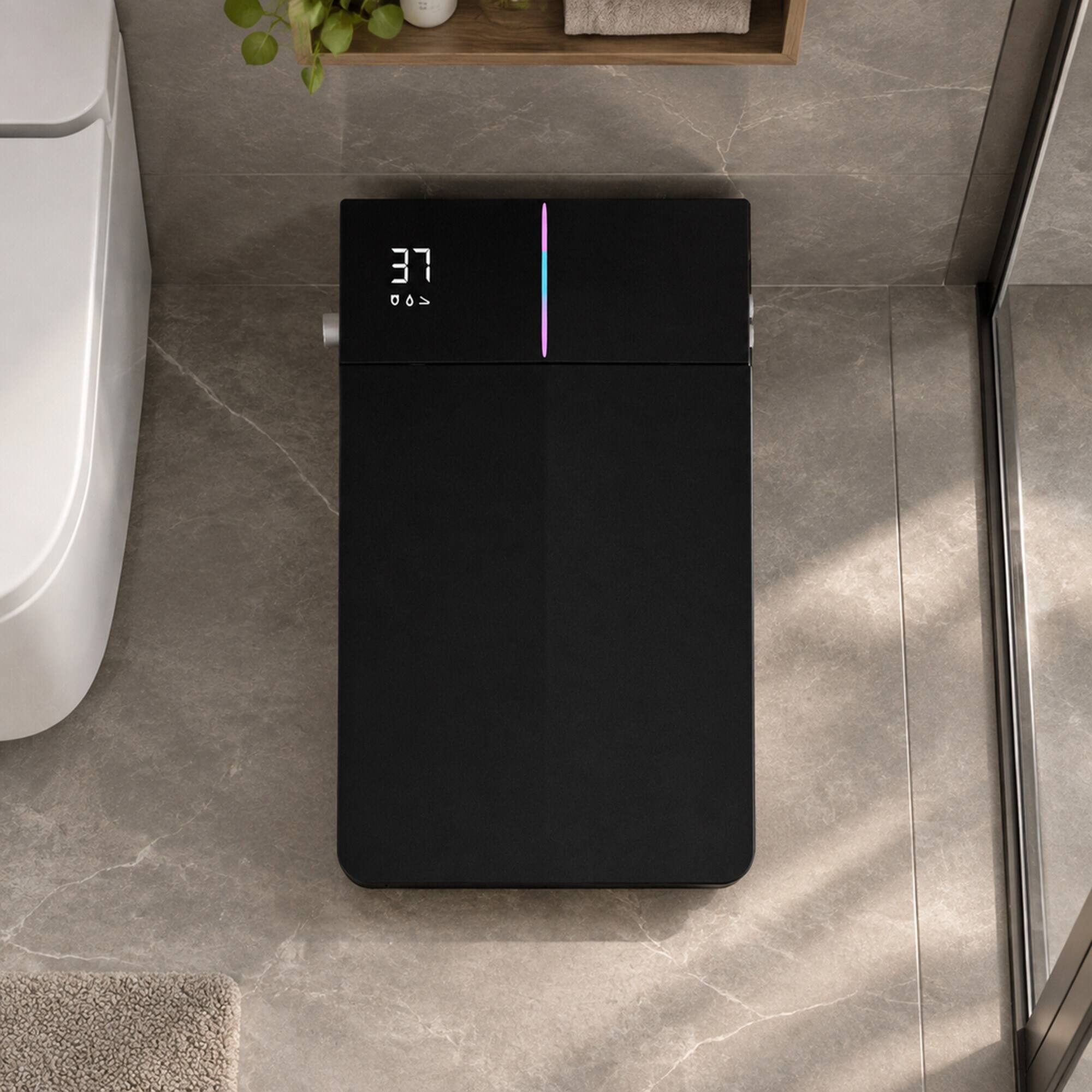 Left. RYHNUYNE - Square Matte Black Smart Bidet Toilet, Built-in Tank Remote Foot Touch Auto Flush Heated Seat LED Display User Memory - Matte Black.