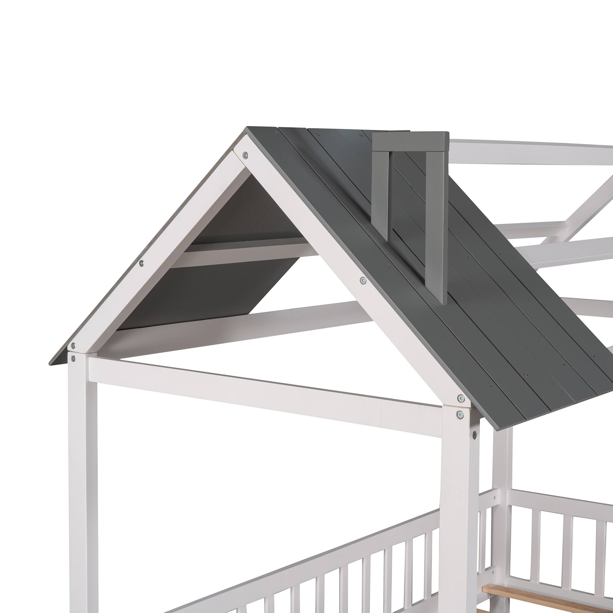 Alt View 1. Aukfa - Twin Size Wood House Bed with Fence - White.