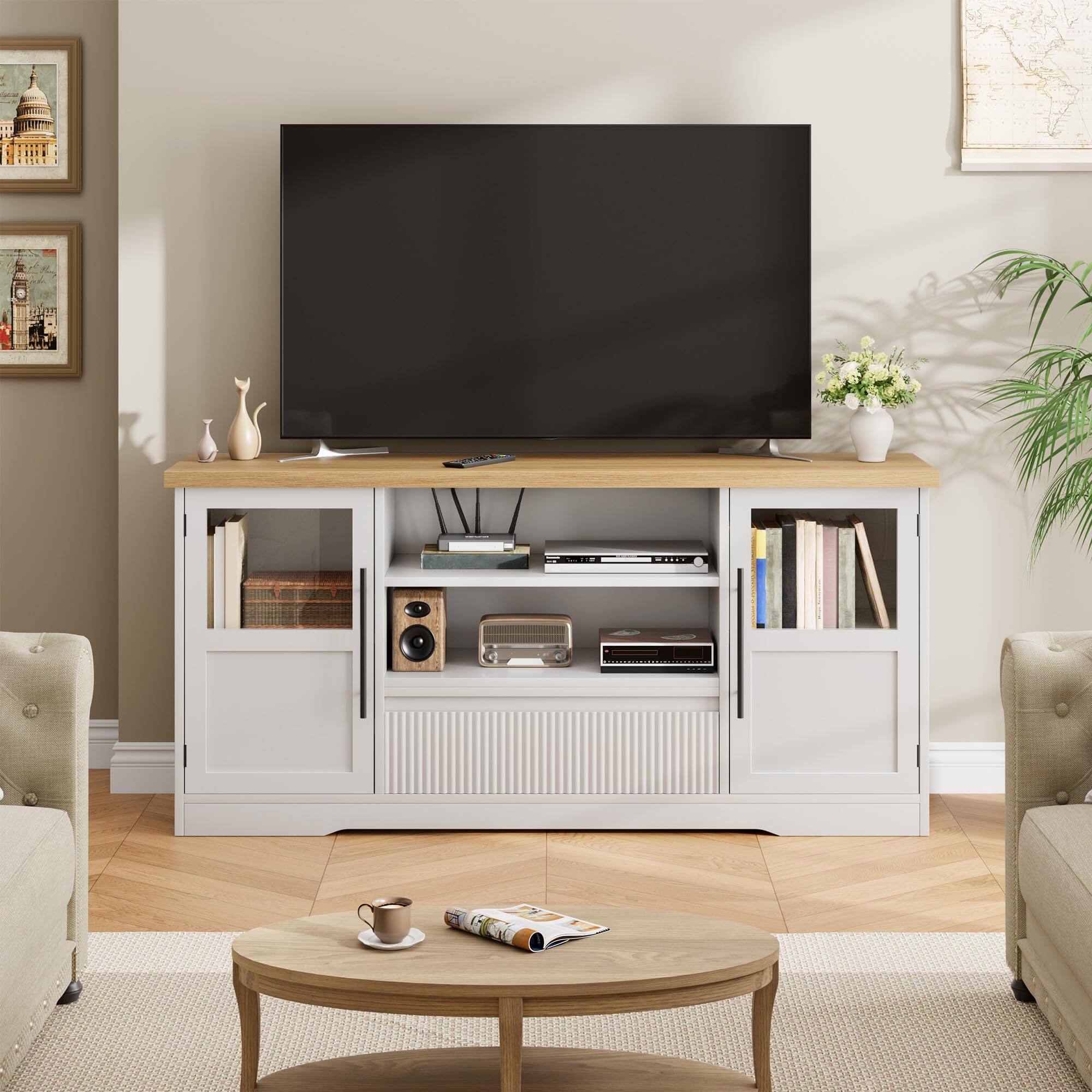 Angle. Jojoka - 63" Farmhouse TV Stand for TVs up to 72", Wave-Pattern Media Console with Glass Cabinets & Open Shelves - White.