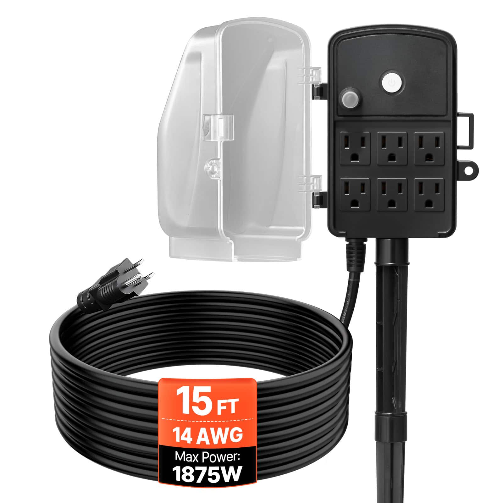 VEVOR - Outdoor Power Stake, 15 FT Extension Cord, Outdoor Power Strip Weatherproof with Cover and Overload Protection,6 Outlets - Black