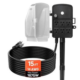 VEVOR - Outdoor Power Stake, 15 FT Extension Cord, Outdoor Power Strip Weatherproof with Cover and Overload Protection,6 Outlets - Black