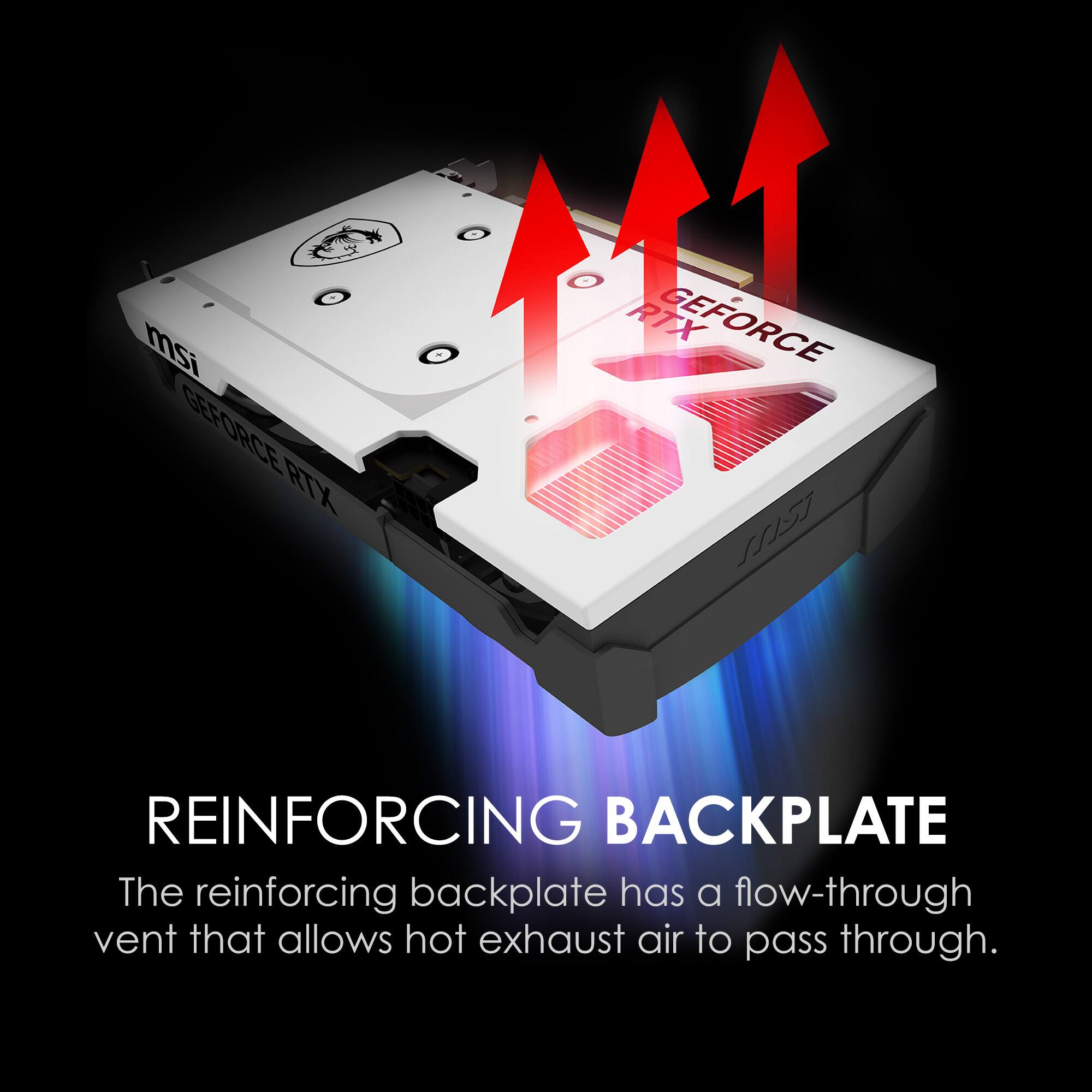 The reinforcing backplate has a flow-through vent that allows hot exhaust air to pass through.