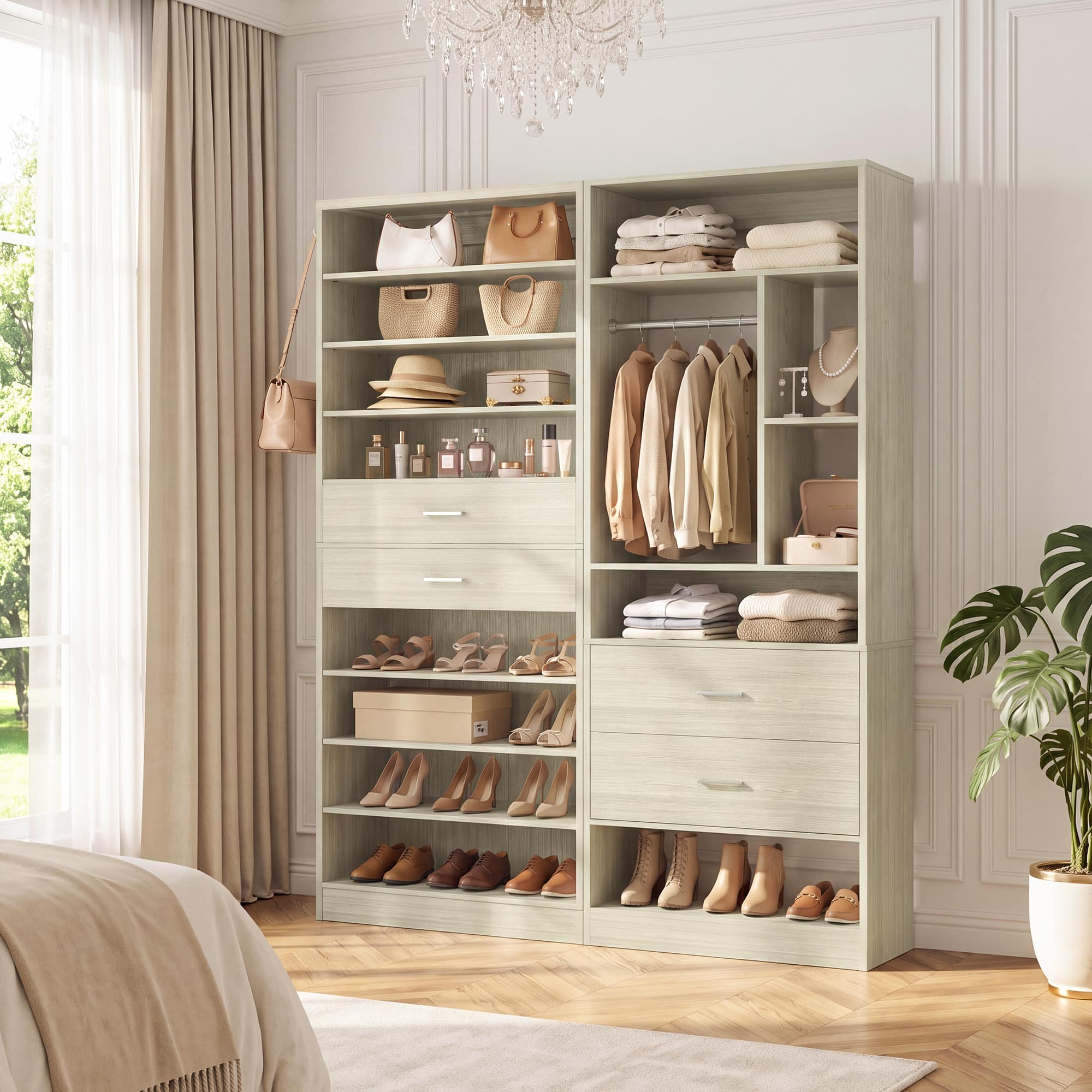Aheaplus - Dual-Use Organizer Set: 10-Tier Shoe Cabinet with Drawers + 24" Closet System – Maximize Space in Any Room - White Oak