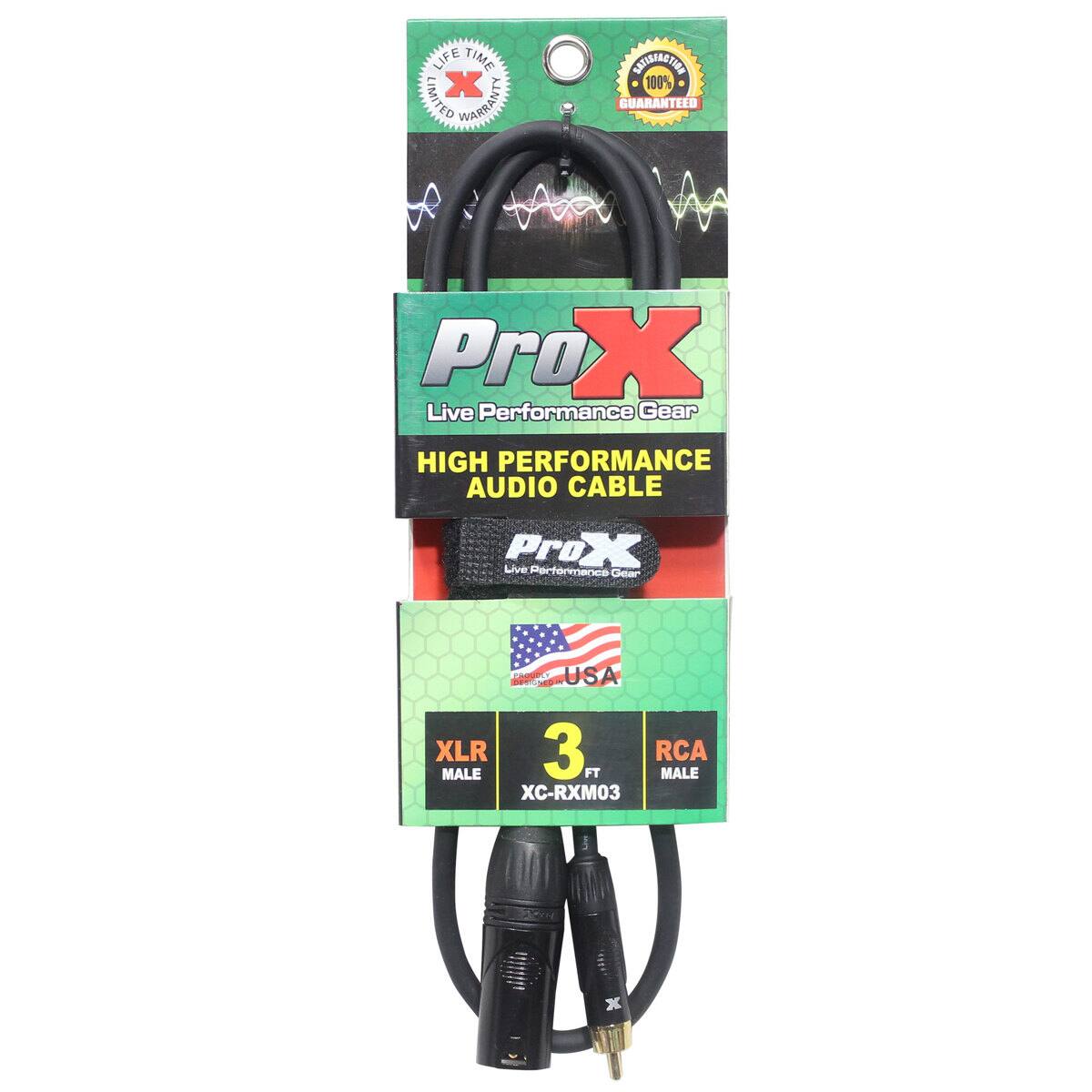 LIFE TIME LIMITED WARRANTY  
CONSERVATION 100% GUARANTEED  
ProX Live Performance Gear  
HIGH PERFORMANCE AUDIO CABLE  
ProX Live Performance Gear  
PROUDLY USA XLR 3 RCA MALE FT MALE XC-RXM03