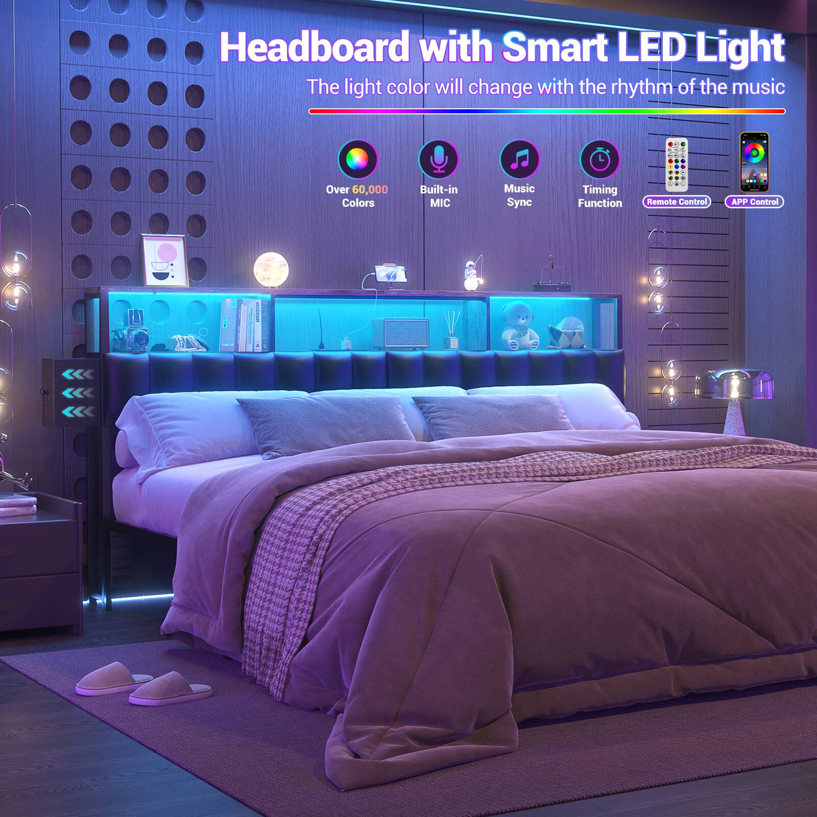 Headboard with Smart LED Light  
The light color will change with the rhythm of the music  

- Over 60,000 Colors  
- Built-in MIC  
- Music Sync  
- Timing Function  
- Remote Control  
- APP Control