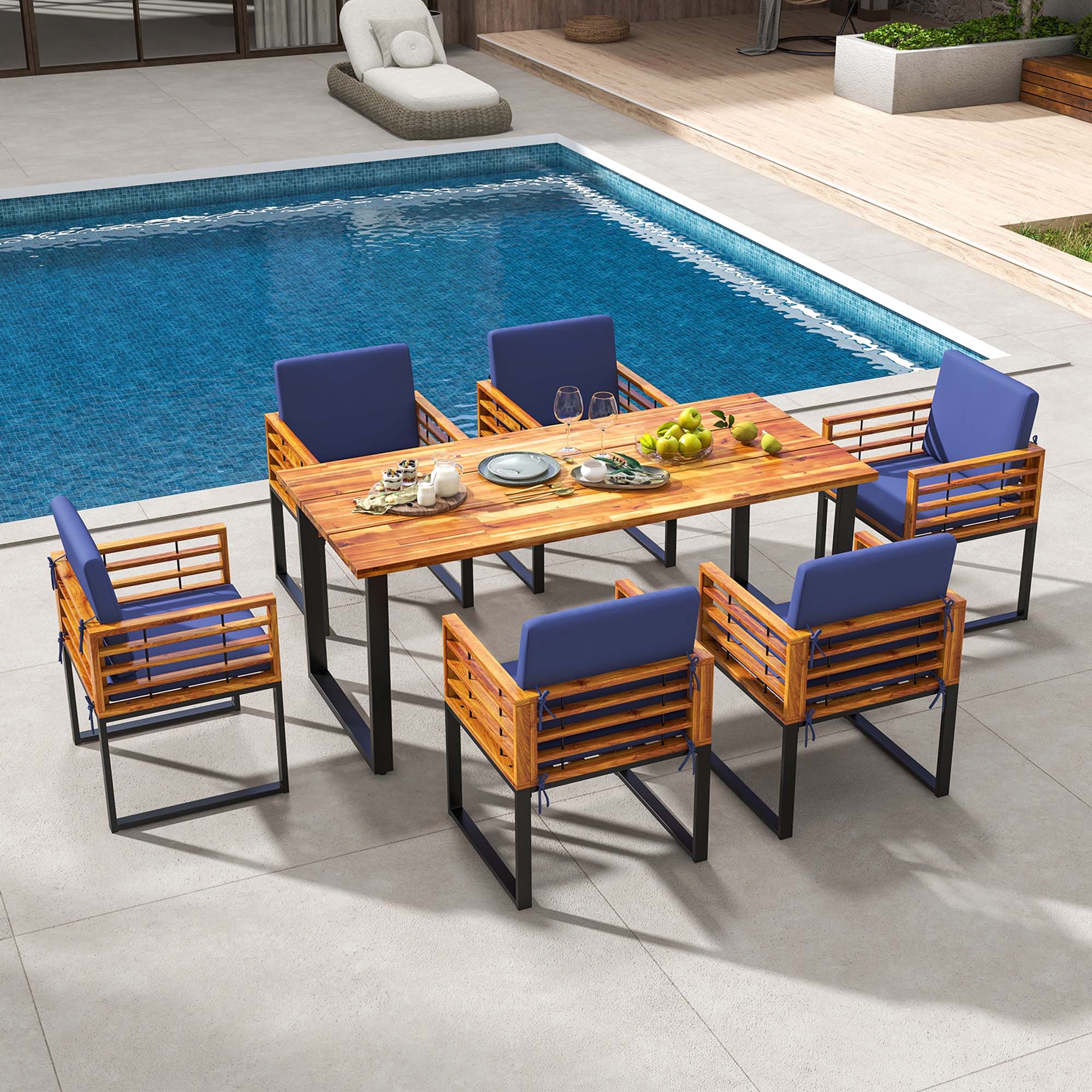 Alt View 4. Costway - Costway 7pcs Patio Acacia Wood Dining Chair & Table Set Heavy-Duty Space-Saving Outdoor - Natural,Black,Navy Blue.