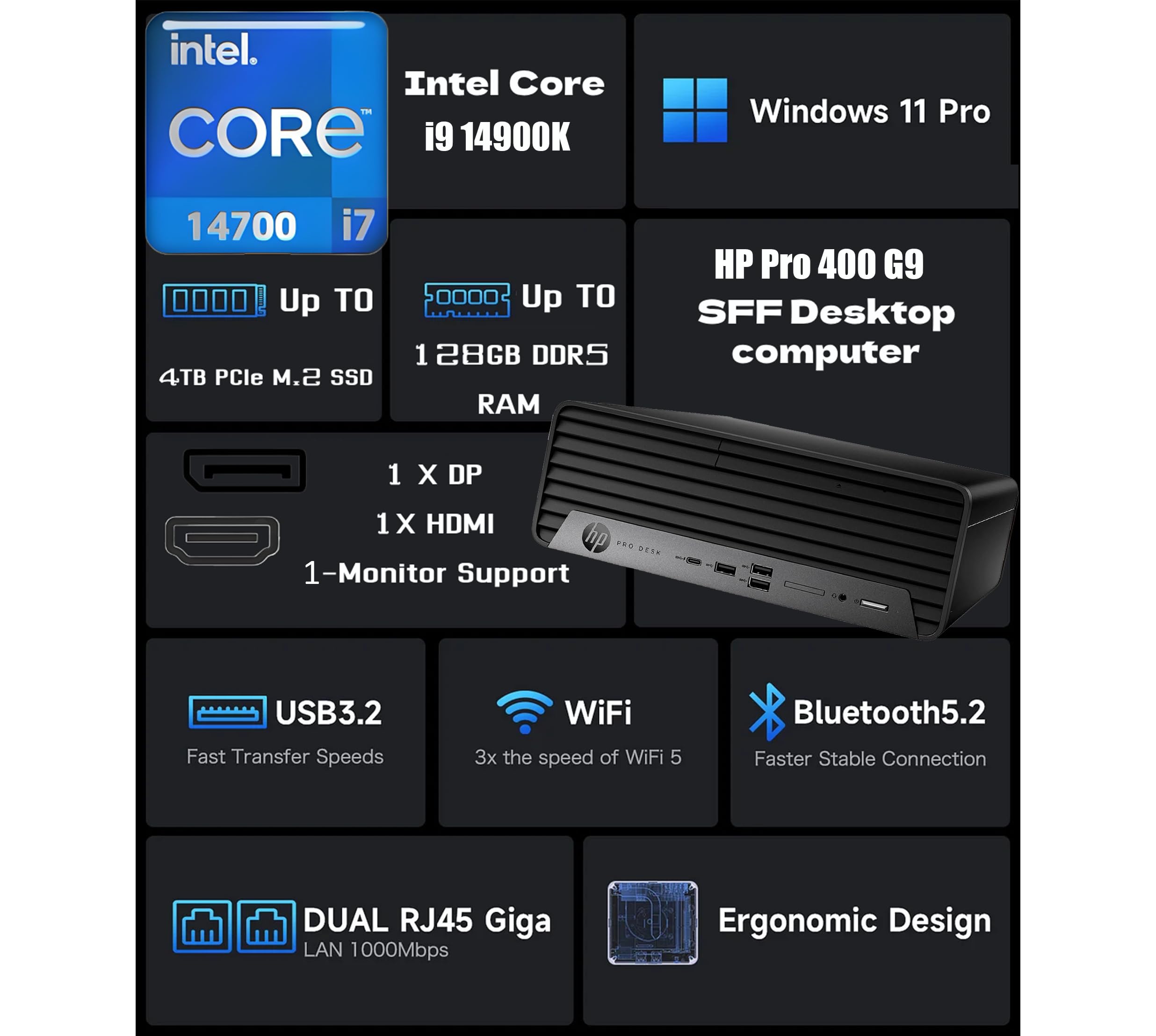 Intel Core i9 14900K  
Windows 11 Pro  
HP Pro 400 G9 SFF Desktop computer  

- Up to 4TB PCIe M.2 SSD  
- Up to 128GB DDR5 RAM  
- 1 x DP  
- 1 x HDMI  
- 1-Monitor Support  

- USB3.2 Fast Transfer Speeds  
- WiFi 3x the speed of WiFi 5  
- Bluetooth 5.2 Faster Stable Connection  
- DUAL RJ45 Giga LAN 1000Mbps  
- Ergonomic Design