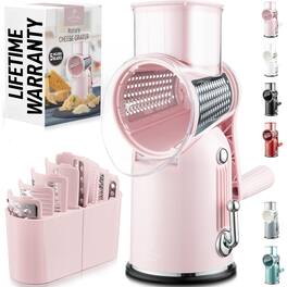 Zulay Kitchen - Classic Rotary Cheese Grater with 5 Blades, Reinforced Suction, and 5 Interchangeable Drums - Pink