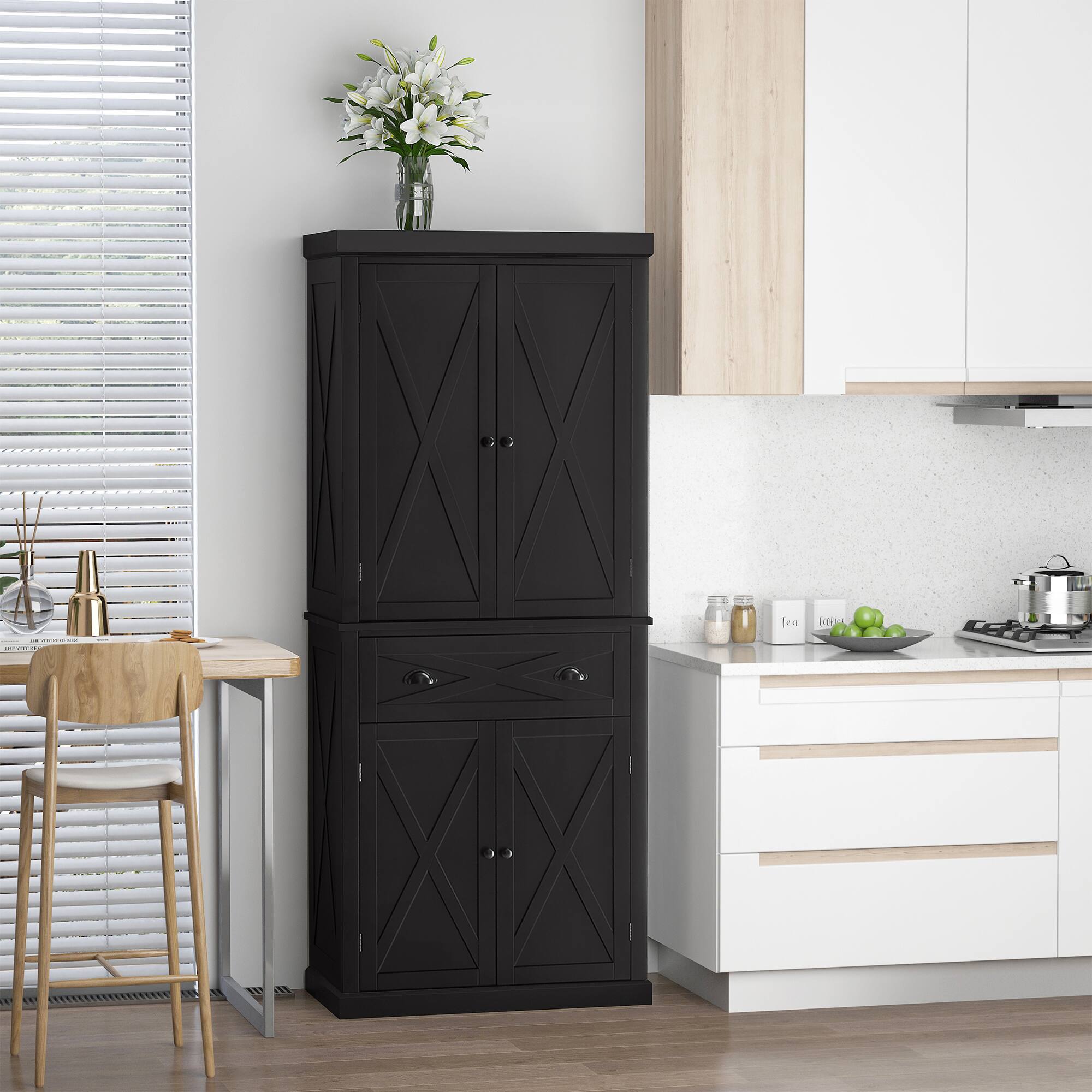 Angle. Homcom - 72.5" Kitchen Pantry Cabinet, Traditional Freestanding Storage Cabinet with 4 Doors, Drawer and 3 Adjustable Shelves - Black.
