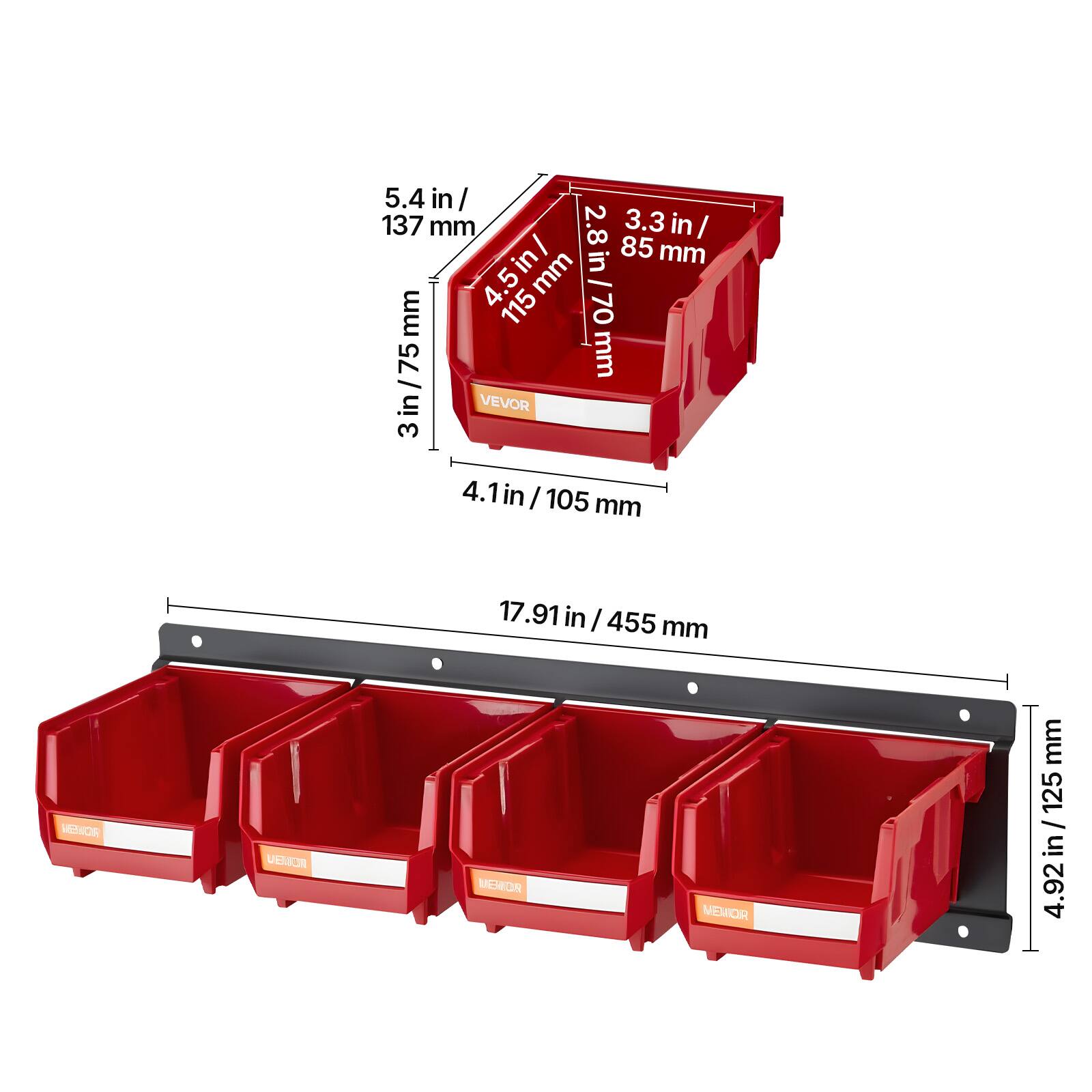 Sure, here is the corrected and grouped text from the image:

- **Dimensions of the red box:**
  - 5.4 in / 137 mm
  - 3.3 in / 85 mm
  - 4.5 in / 115 mm
  - 3 in / 75 mm
  - 4.1 in / 105 mm

- **Dimensions of the red boxes on the shelf:**
  - 4.92 in / 125 mm

- **Overall dimensions of the shelf:**
  - 17.91 in / 455 mm

- **Brand:**
  - VEVOR

- **Label on the boxes:**
  - VENEIA MEMOR