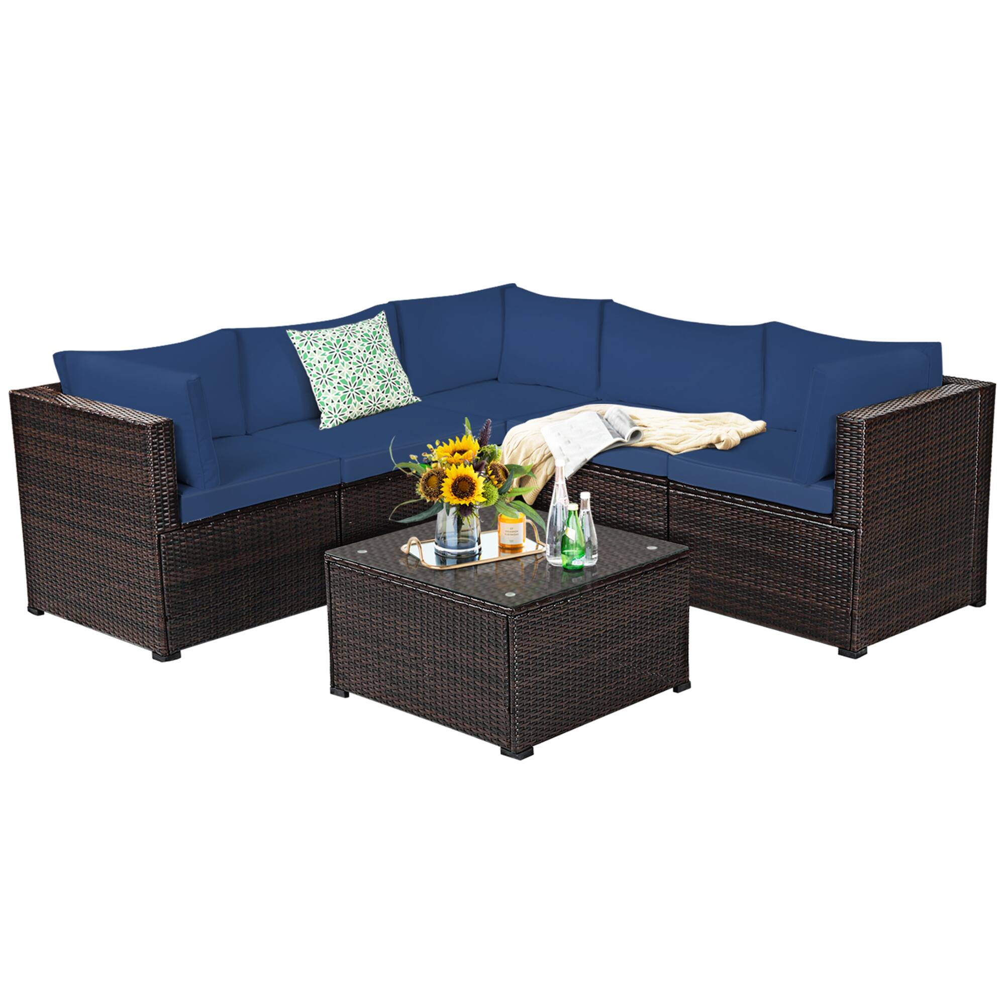 Alt View 1. Gymax - Gymax 6PCS Rattan Patio Sectional Sofa Conversation Set Outdoor w/ Navy Cushions - Navy Blue.