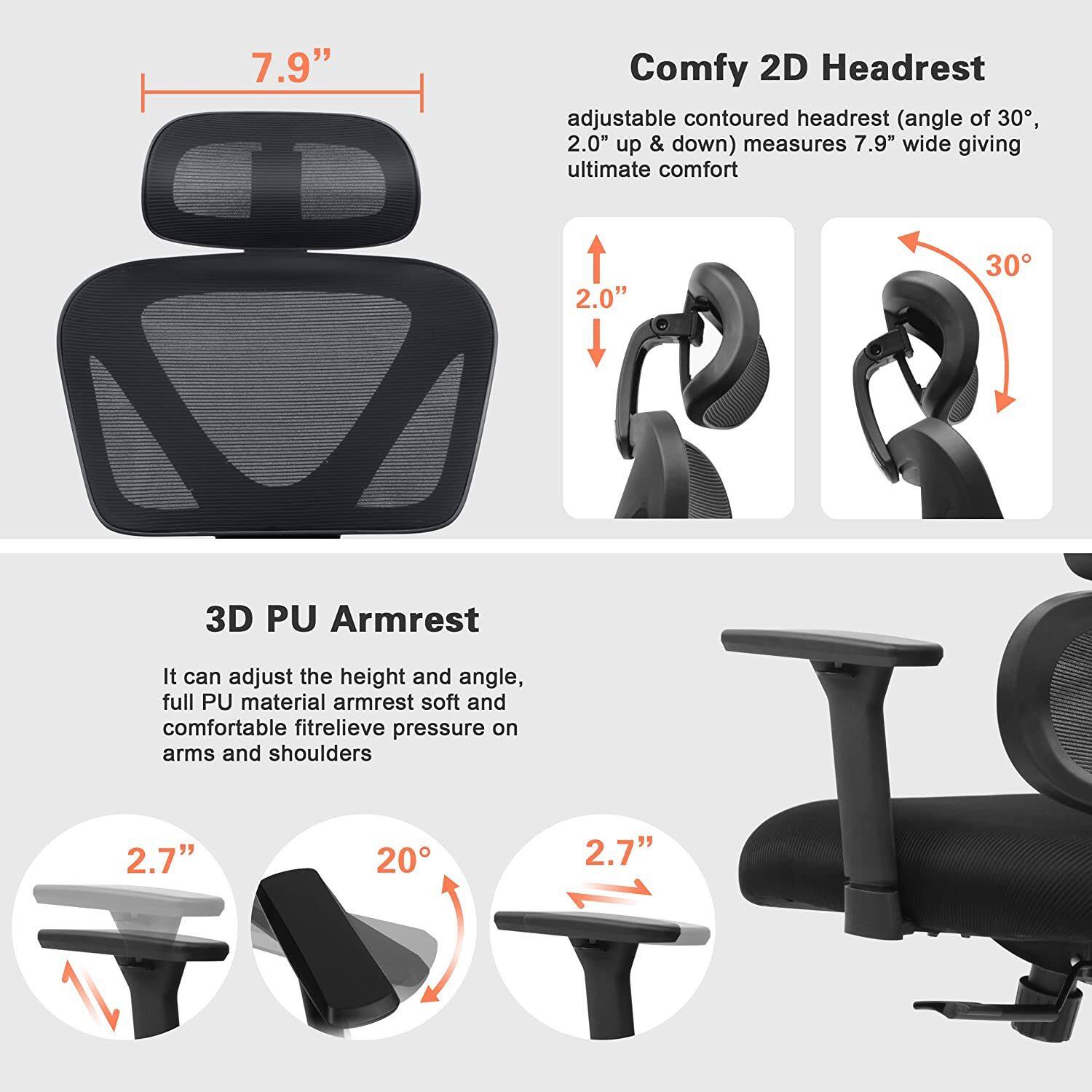 7.9" Comfy 2D Headrest  
adjustable contoured headrest (angle of 30°, 2.0" up & down) measures 7.9" wide giving ultimate comfort  

3D PU Armrest  
It can adjust the height and angle, full PU material armrest soft and comfortable fitrelieve pressure on arms and shoulders  

2.7"  
20°  
2.7"