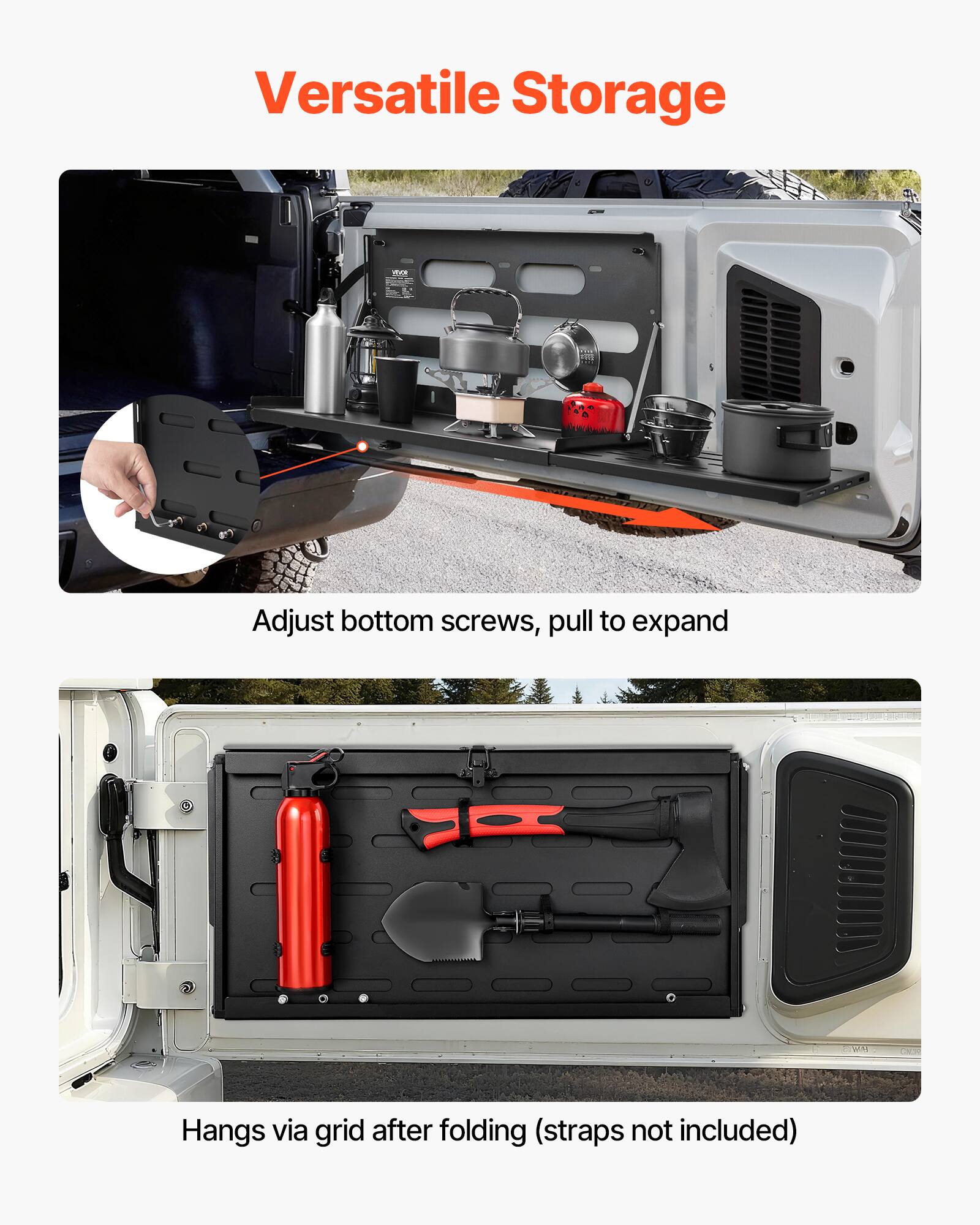 Versatile Storage

Adjust bottom screws, pull to expand

Hangs via grid after folding (straps not included)