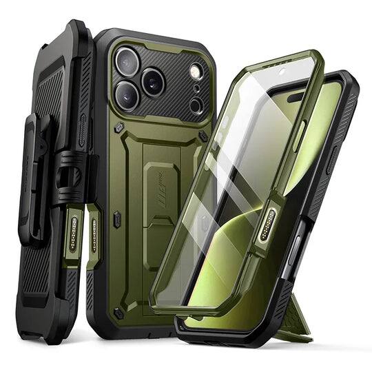 Angle. SUPCASE - Unicorn Beetle Pro Rugged Case for iPhone 17 Pro – Full-Body Protection with Screen Protector - Dark Green.