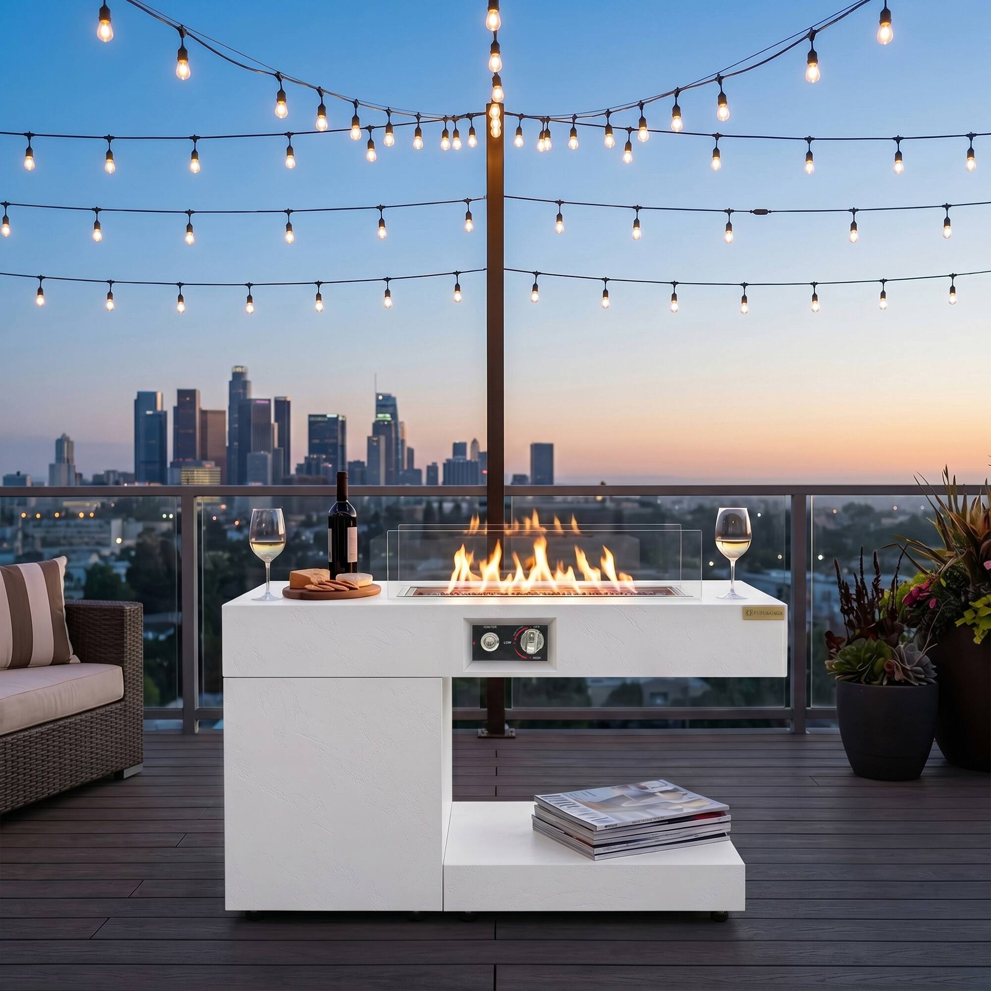 Angle. Famapy - 40000 BTU Faux Stone Propane Fire Pit Table with Hidden Tank Holder, Auto-Ignition, 5mm Wind Guard Outdoor Patio Heater - White.