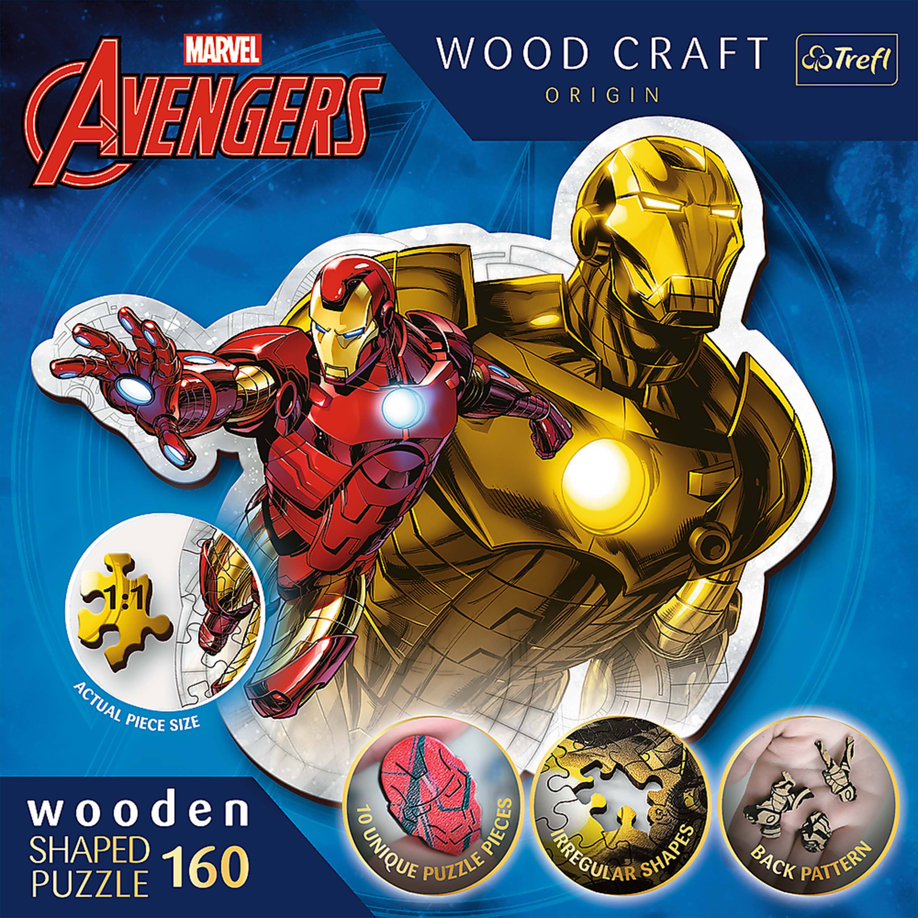MARVEL AVENGERS  
WOOD CRAFT ORIGIN  
Trefl  

1:1  
ACTUAL PIECE SIZE  
wooden SHAPED PUZZLE 160  
10 UNIQUE PUZZLE PIECES  
IRREGULAR SHAPES  
BACK PATTERN