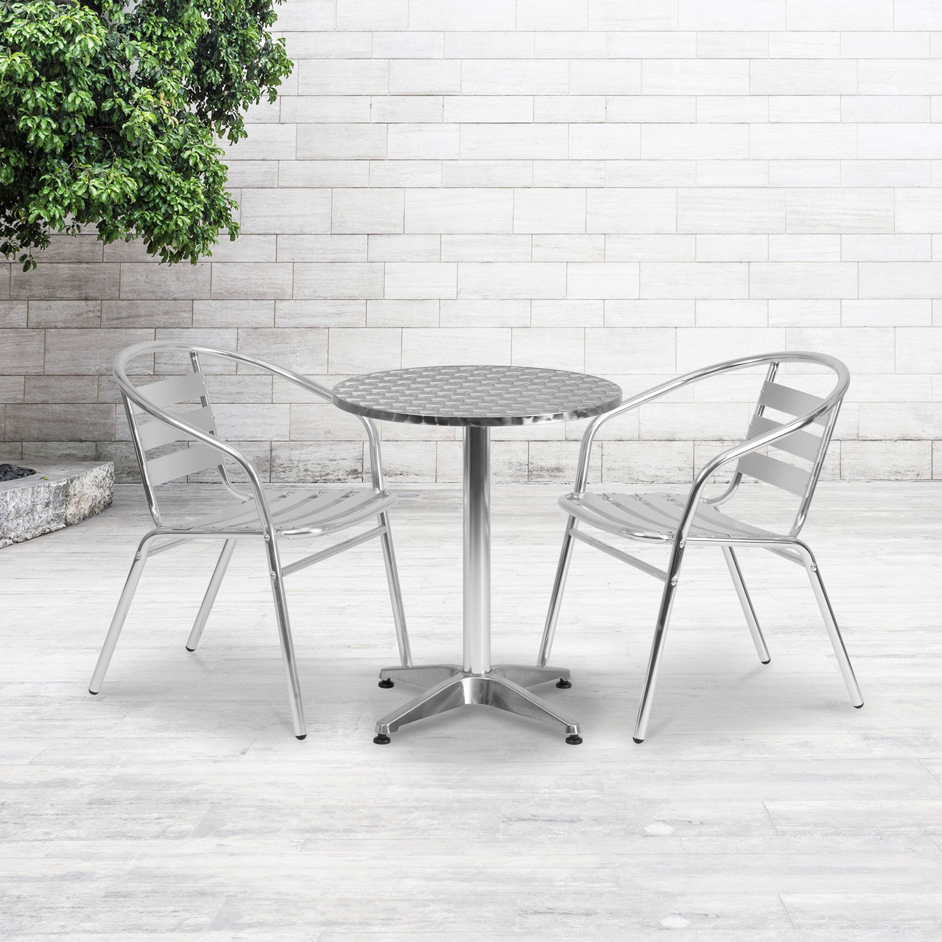 Alt View 1. Emma + Oliver - 23.5'' Round Aluminum Indoor-Outdoor Table Set with 2 Slat Back Chairs - Aluminum.