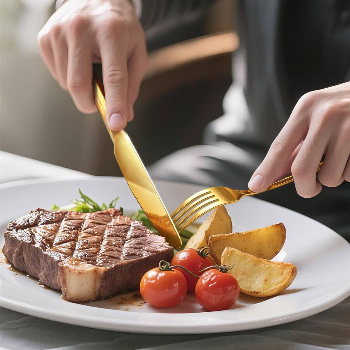 Left. Dazzed Corner - 40 Piece Gold Stainless Steel Flatware Set, Silverware Set for 8 - Gold.