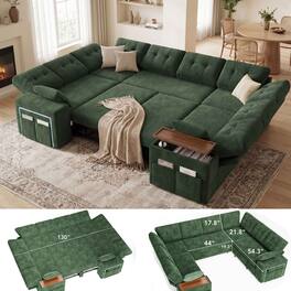 Dyonery - 8-Seat Modular Sectional Sleeper Sofa with Pull-Out Bed, Reclining Backrest, USB Ports, Table, LED Lights,Green - Green