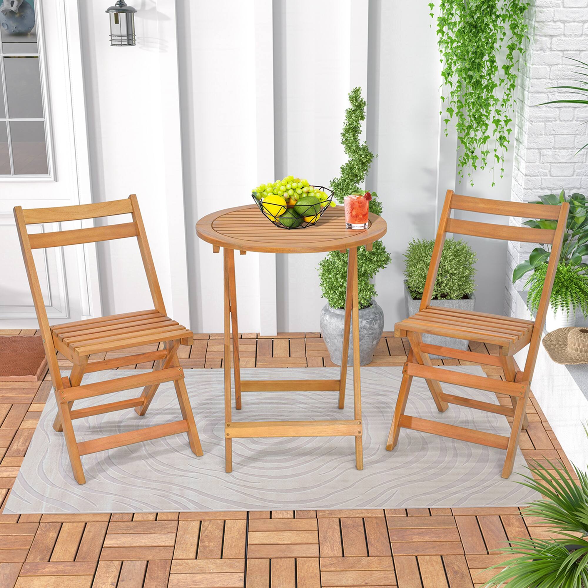 Alt View 4. Costway - Costway 3 PCS Folding Patio Bistro Set Solid Acacia Wood Table & Chairs Slatted Tabletop - Natural.