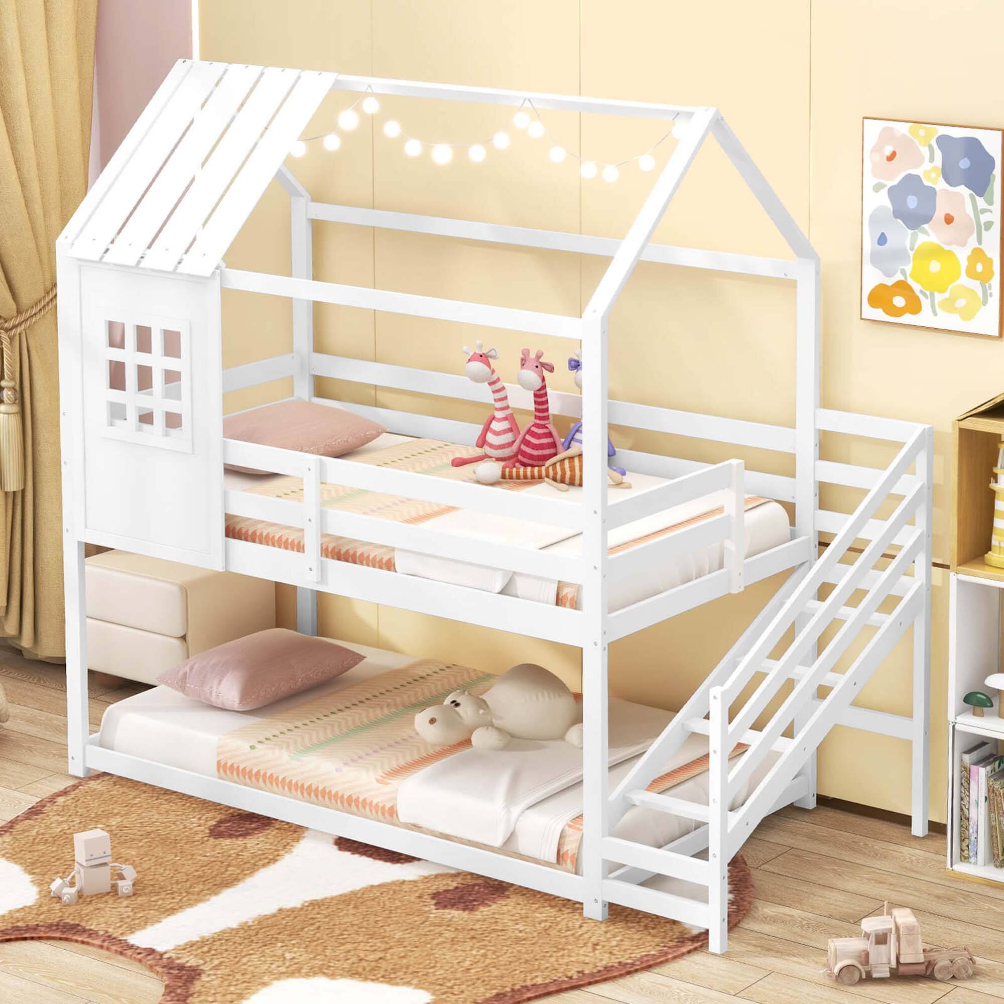 Back. Costway - Twin House Bunk Bed with Stairs Roof Rails & Window Full-length Guardrails - White.